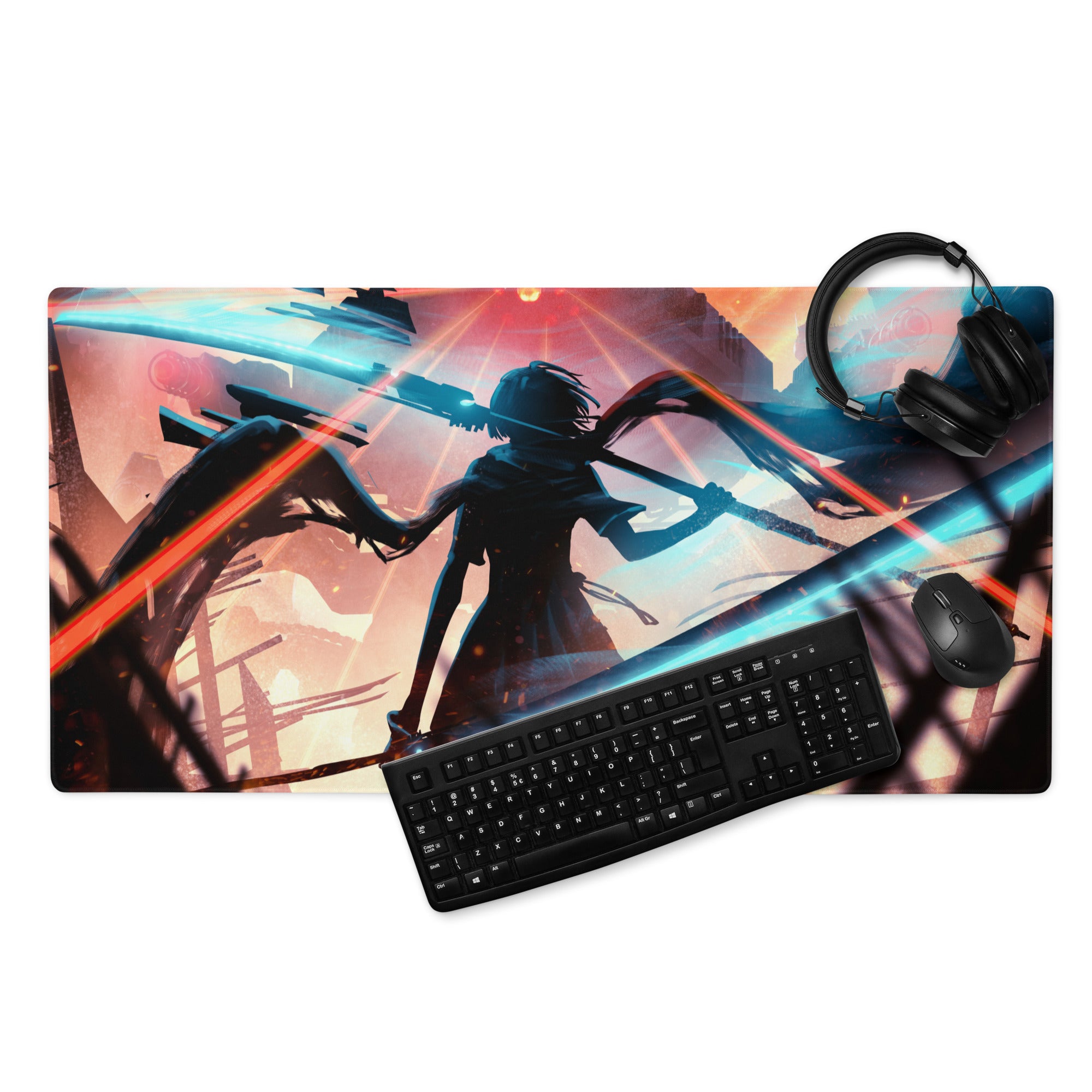 Large Gaming Mouse Pad Neon Blue And Red Cyberpunk Battlefield Design For Gaming Desk Setup