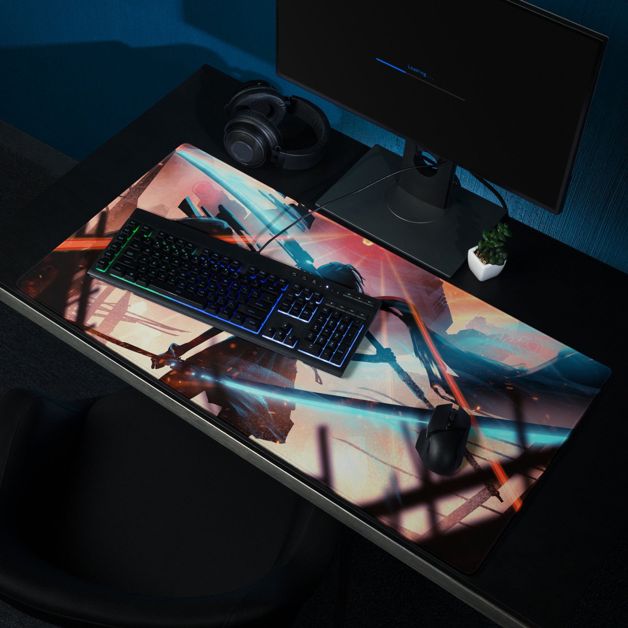 Large Gaming Mouse Pad Neon Blue And Red Cyberpunk Battlefield Design For Gaming Desk Setup