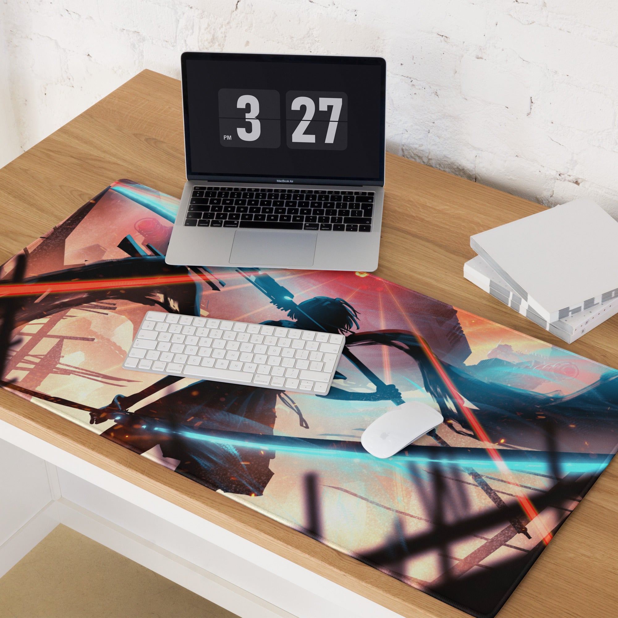 Large Gaming Mouse Pad Neon Blue And Red Cyberpunk Battlefield Design For Gaming Desk Setup