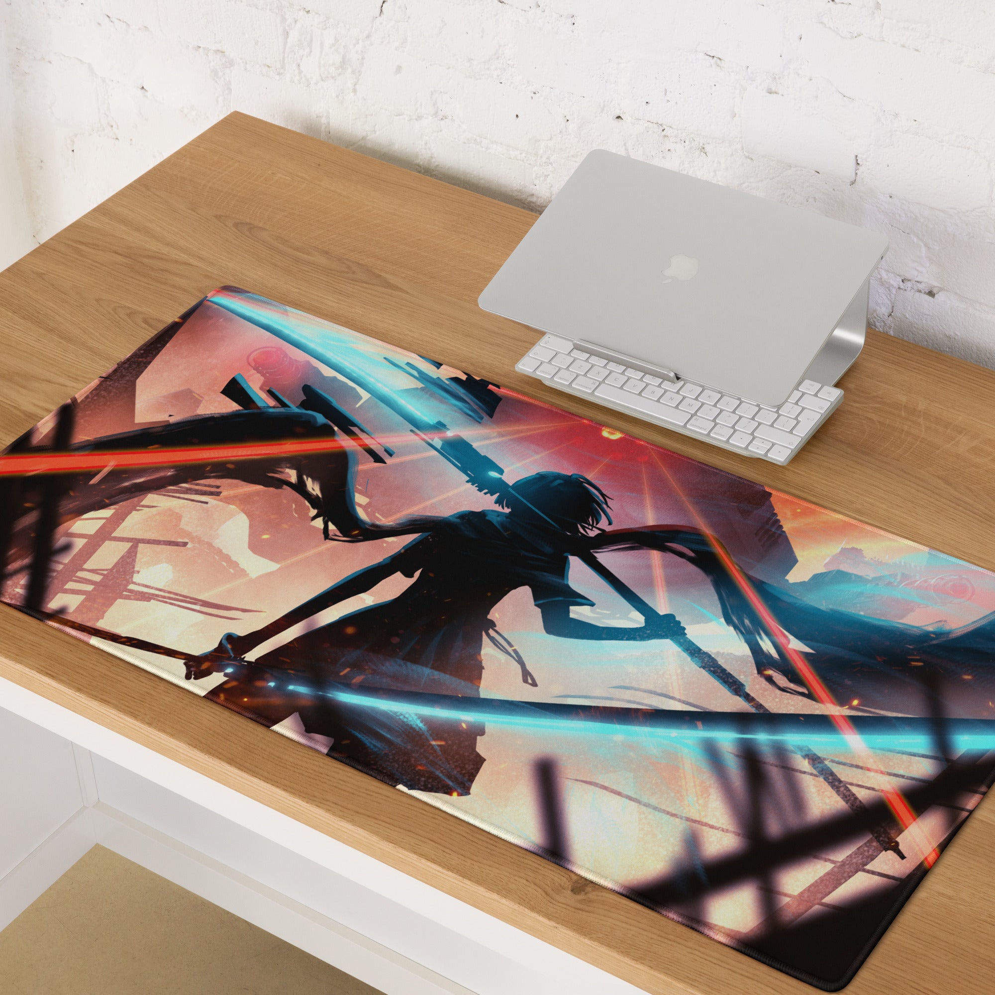 Large Gaming Mouse Pad Neon Blue And Red Cyberpunk Battlefield Design For Gaming Desk Setup