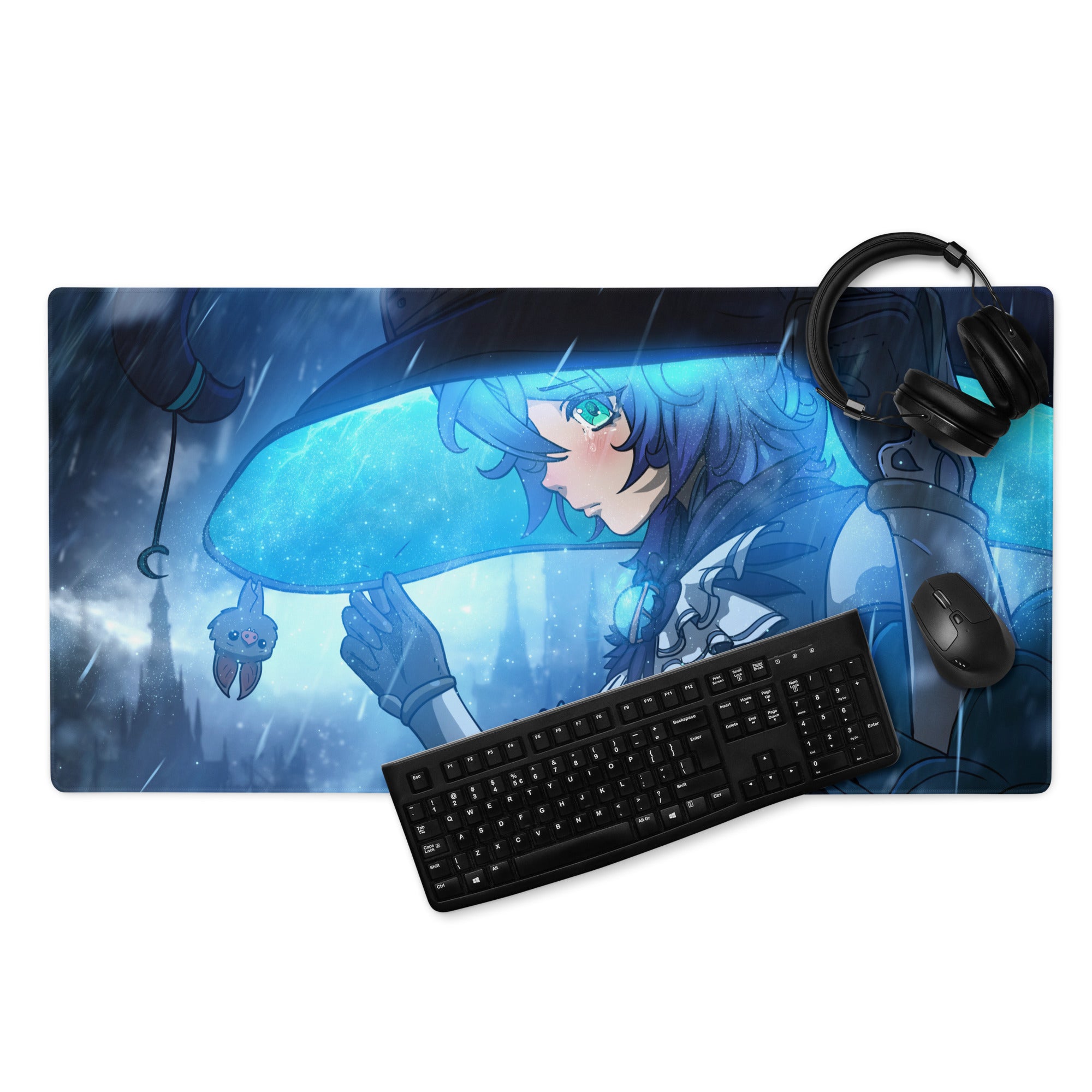 Blue Anime Style Gaming Mouse Pad For Desktop Setup Large Size With Non Slip Base And Edge Stitching