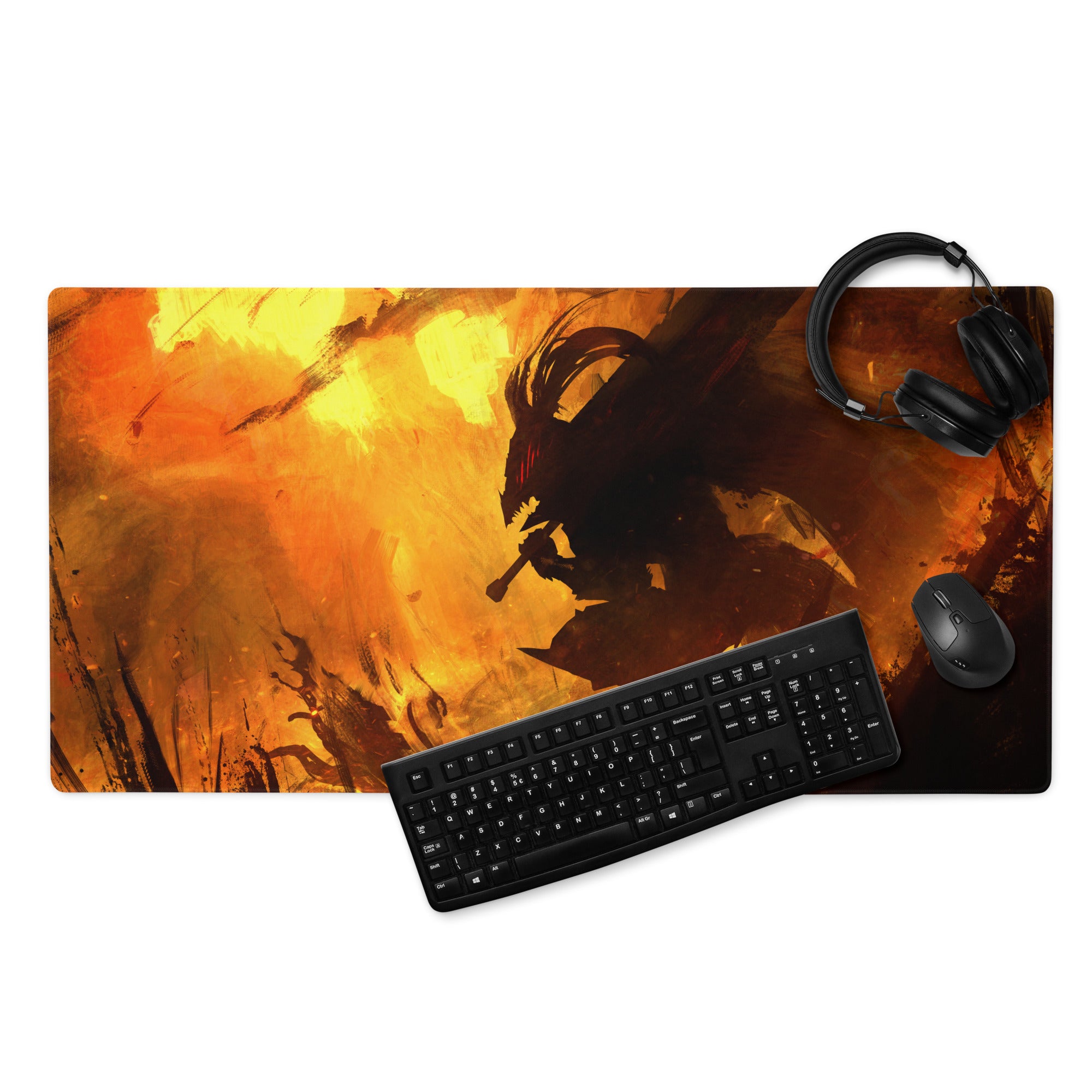 Orange And Black Gaming Mouse Pad For Desktop Setup Modern Abstract Fire Art Battlestation Mat