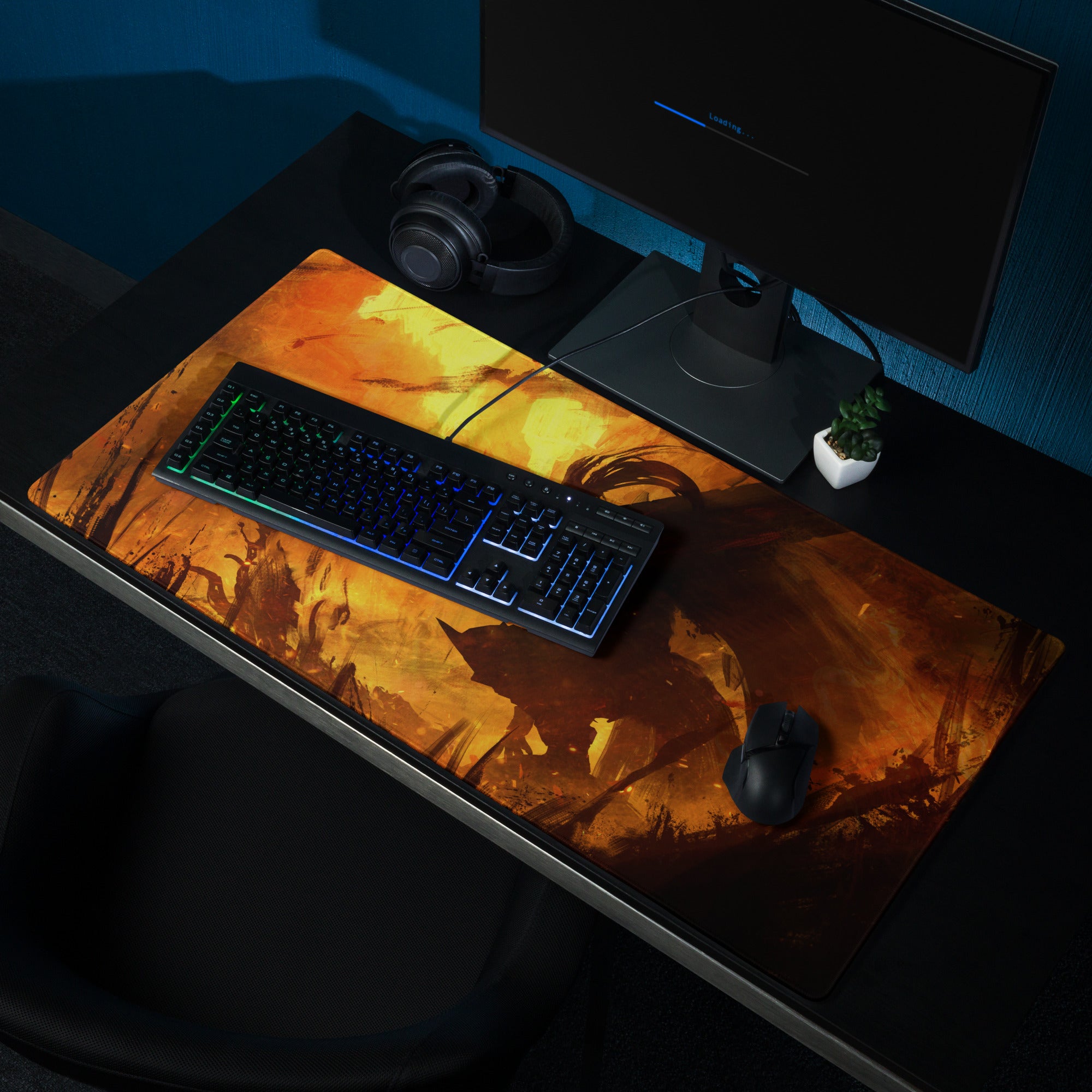Orange And Black Gaming Mouse Pad For Desktop Setup Modern Abstract Fire Art Battlestation Mat