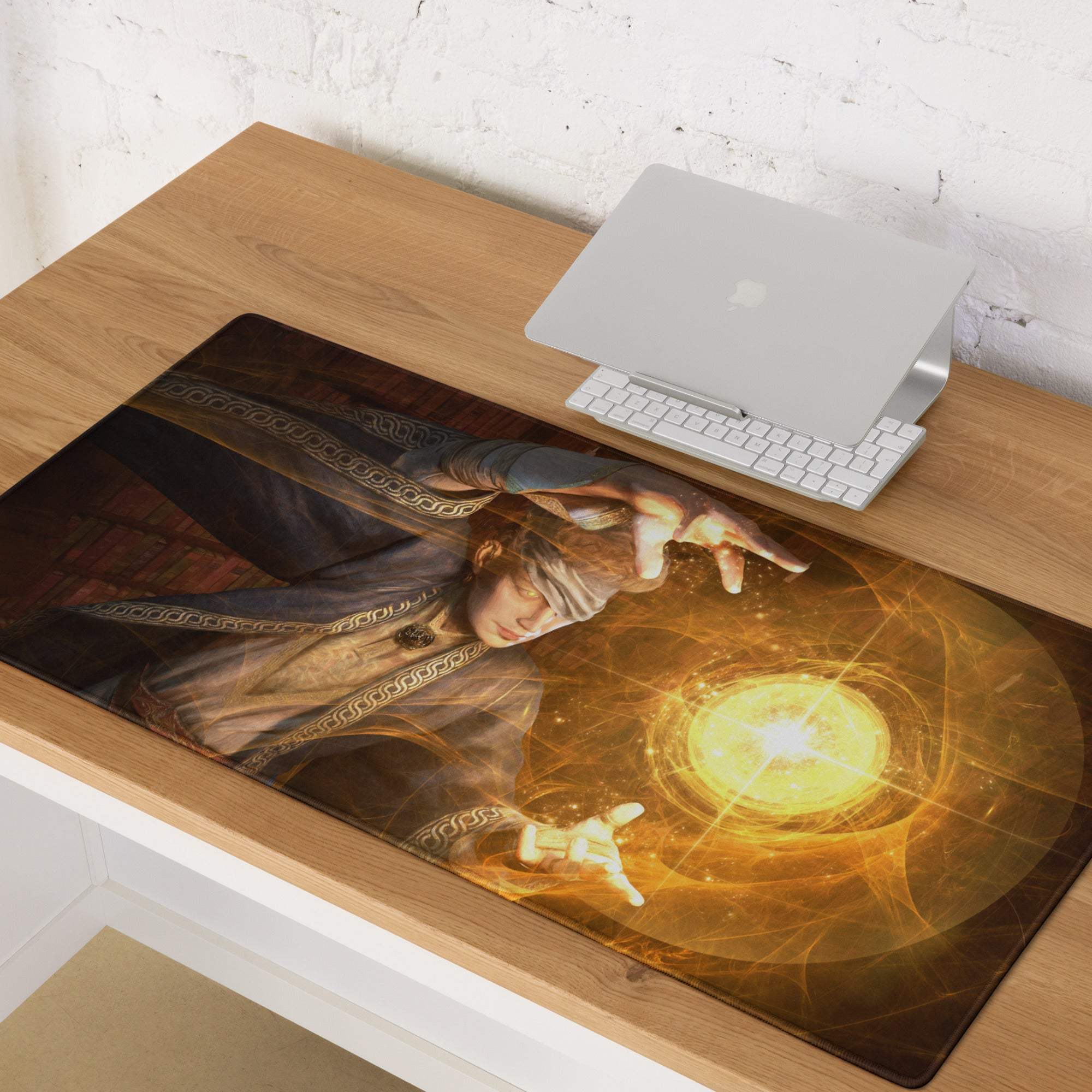 Rectangular glossy orange wizard gaming mouse pad with dark fantasy illustration and non slip surface for desktop use