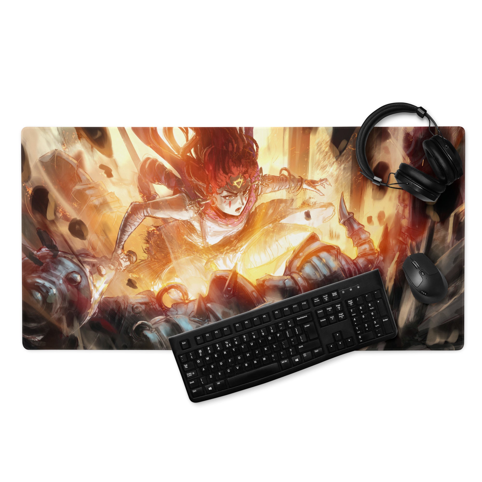 Gamer Mouse Pad Fiery Orange Red Esports Desk Digital Painting Dynamic Anime Style