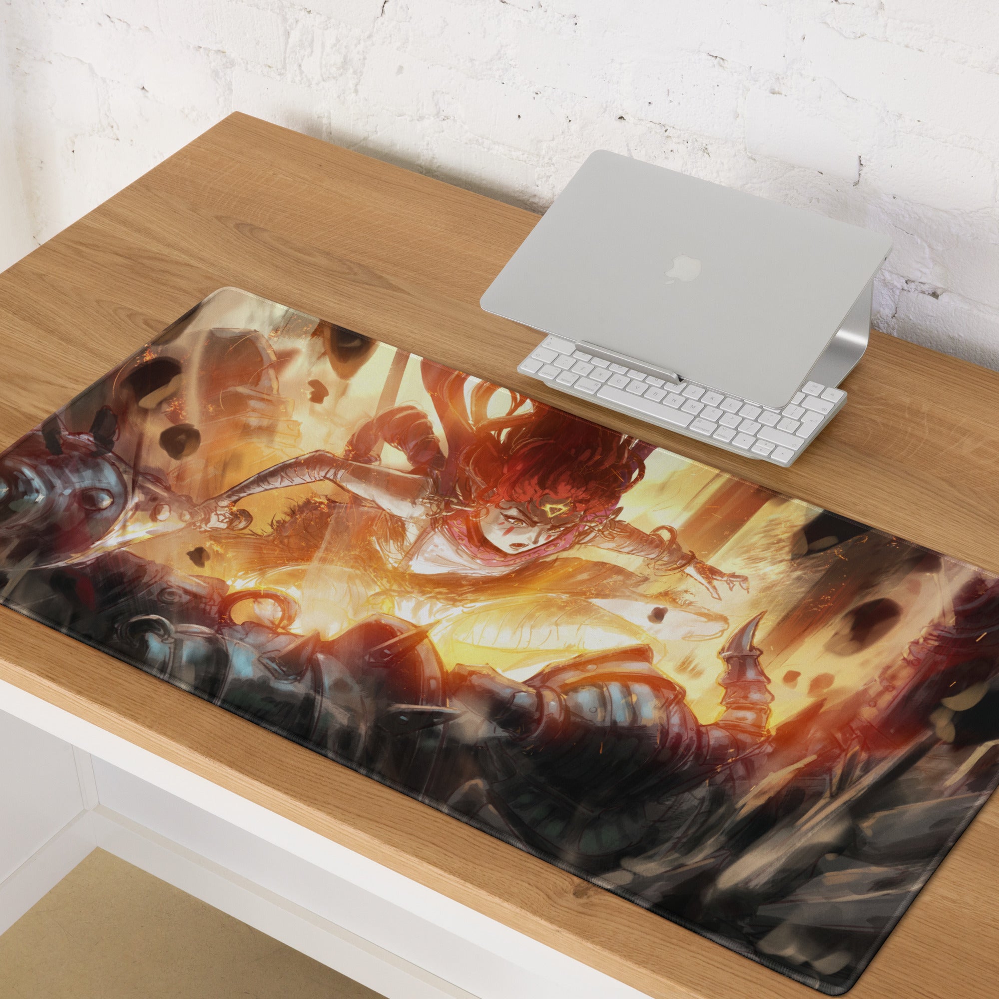 Gamer Mouse Pad Fiery Orange Red Esports Desk Digital Painting Dynamic Anime Style