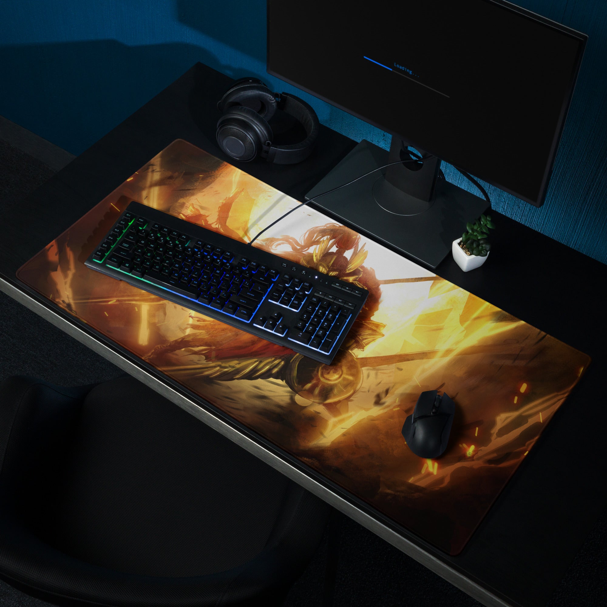 Orange Fire Warrior Gaming Mouse Pad For Large Gaming Desk Fiery Battle Art Style