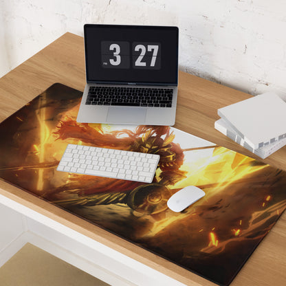 Orange Fire Warrior Gaming Mouse Pad For Large Gaming Desk Fiery Battle Art Style