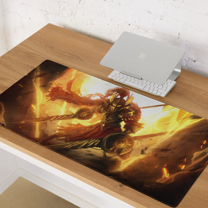 Orange Fire Warrior Gaming Mouse Pad For Large Gaming Desk Fiery Battle Art Style