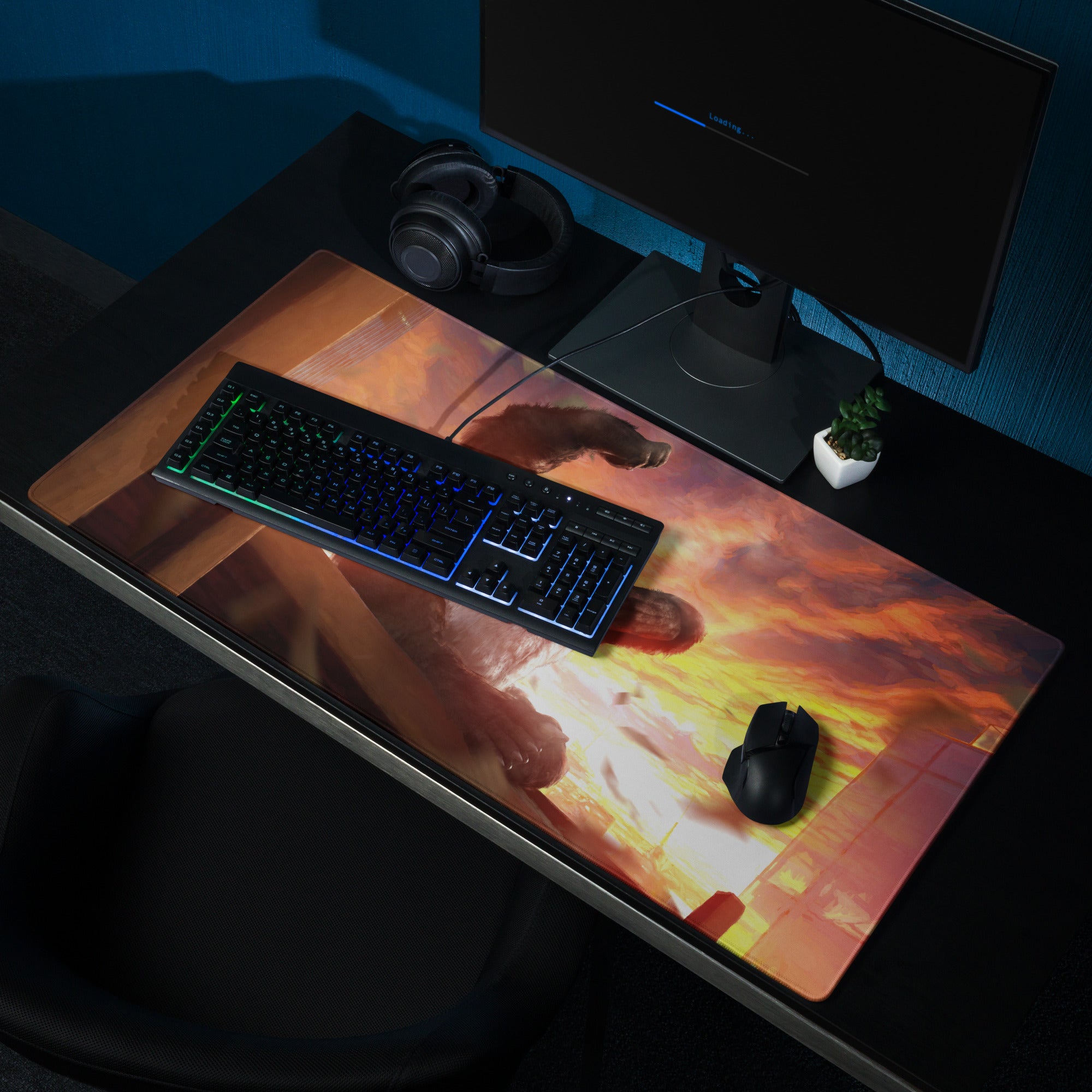 Giant Monster Battle Mouse Pad Orange Purple Sunset For Gaming Desk Setup Epic Cinematic Digital Art