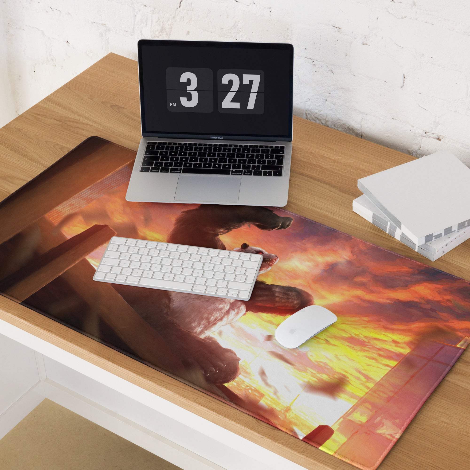 Giant monster battle mouse pad with fiery orange and yellow flames and muscular figure design for gaming desks