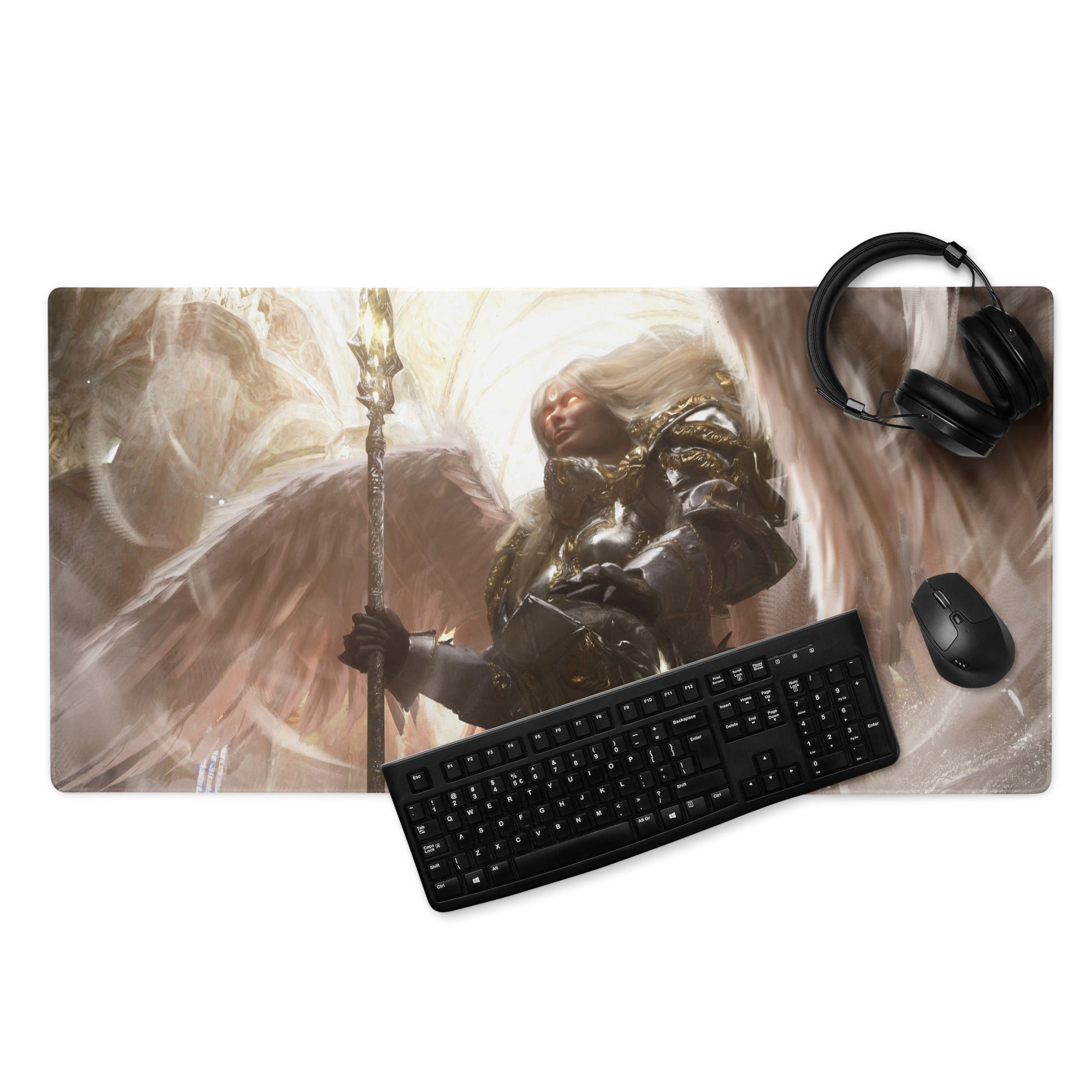 Gaming Mouse Pad Black And Gold Large Desk Mat For Gaming Setup Non Slip Edge Stitched Fantasy Warrior Artwork Digital