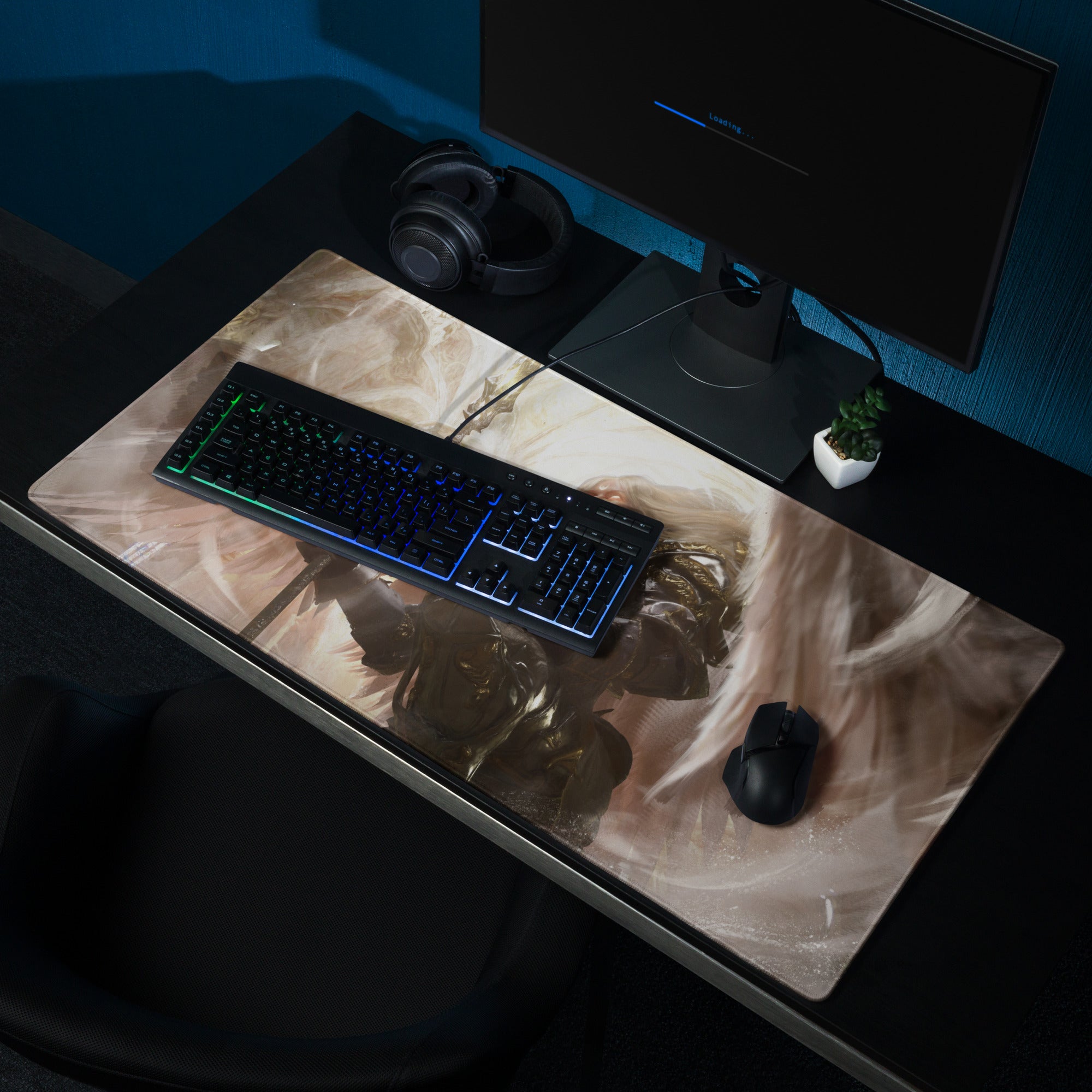 Gaming Mouse Pad Black And Gold Large Desk Mat For Gaming Setup Non Slip Edge Stitched Fantasy Warrior Artwork Digital