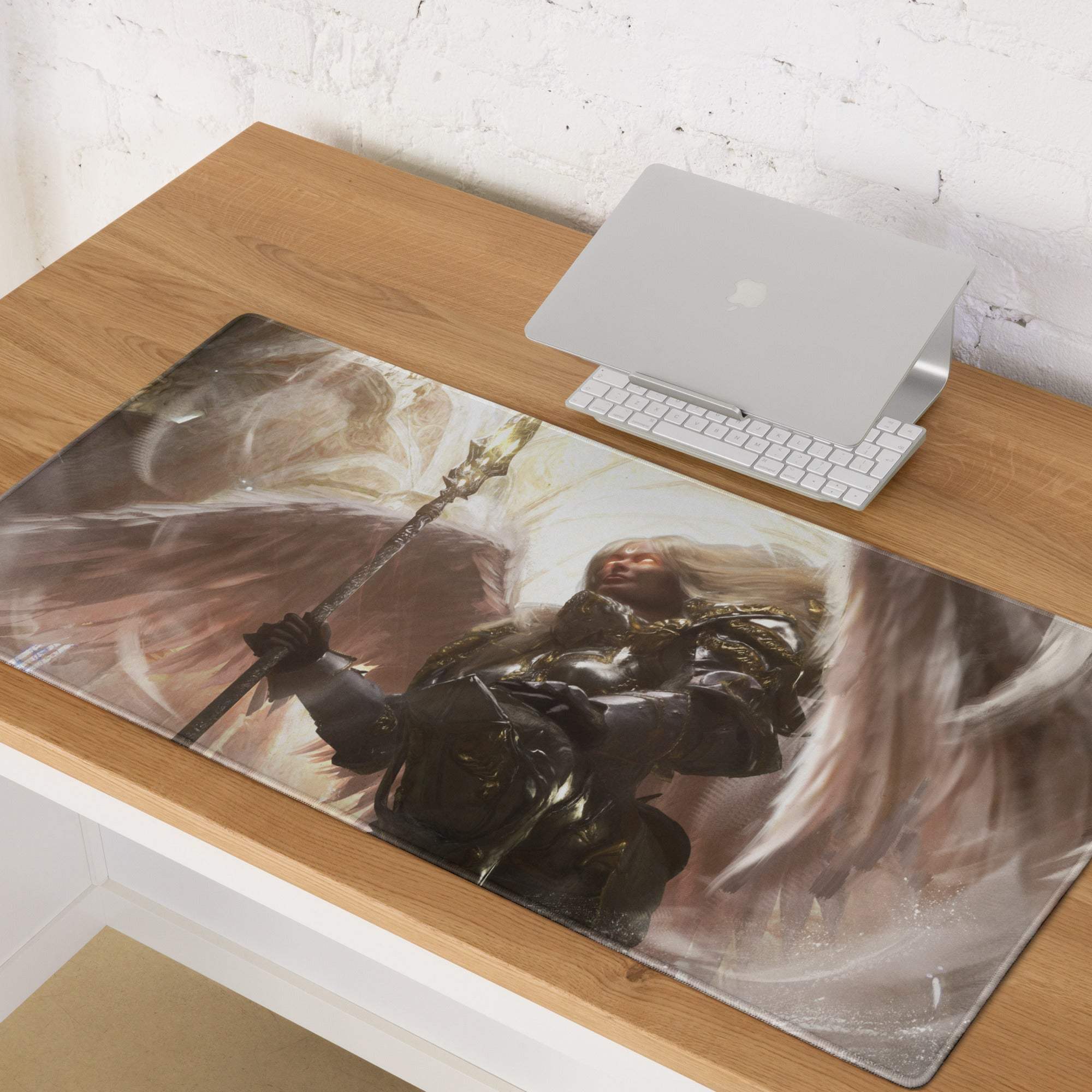 Black and gold fantasy warrior desk pad gaming mousepad with glossy surface and detailed armored warrior illustration