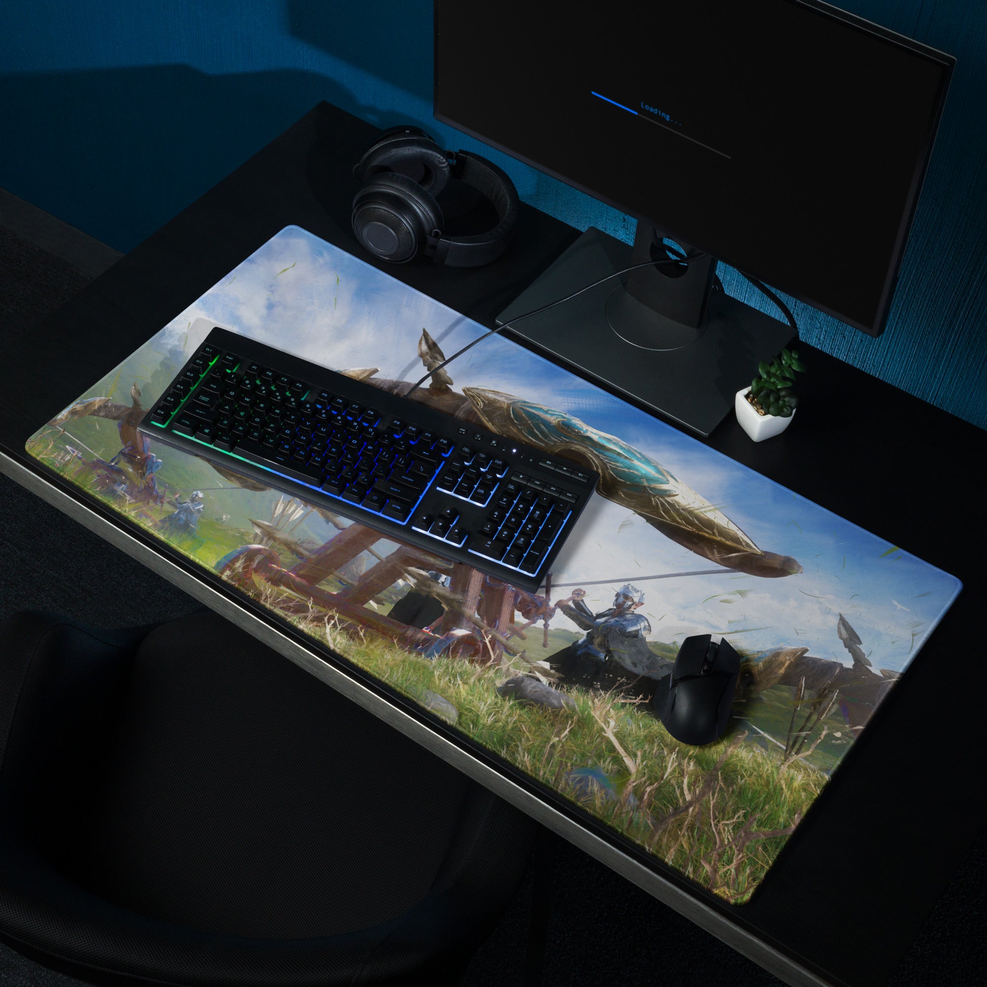 Gaming Mouse Pad Blue Large Non Slip Desk Mat For PC Gaming Setups Fantasy Battle Art