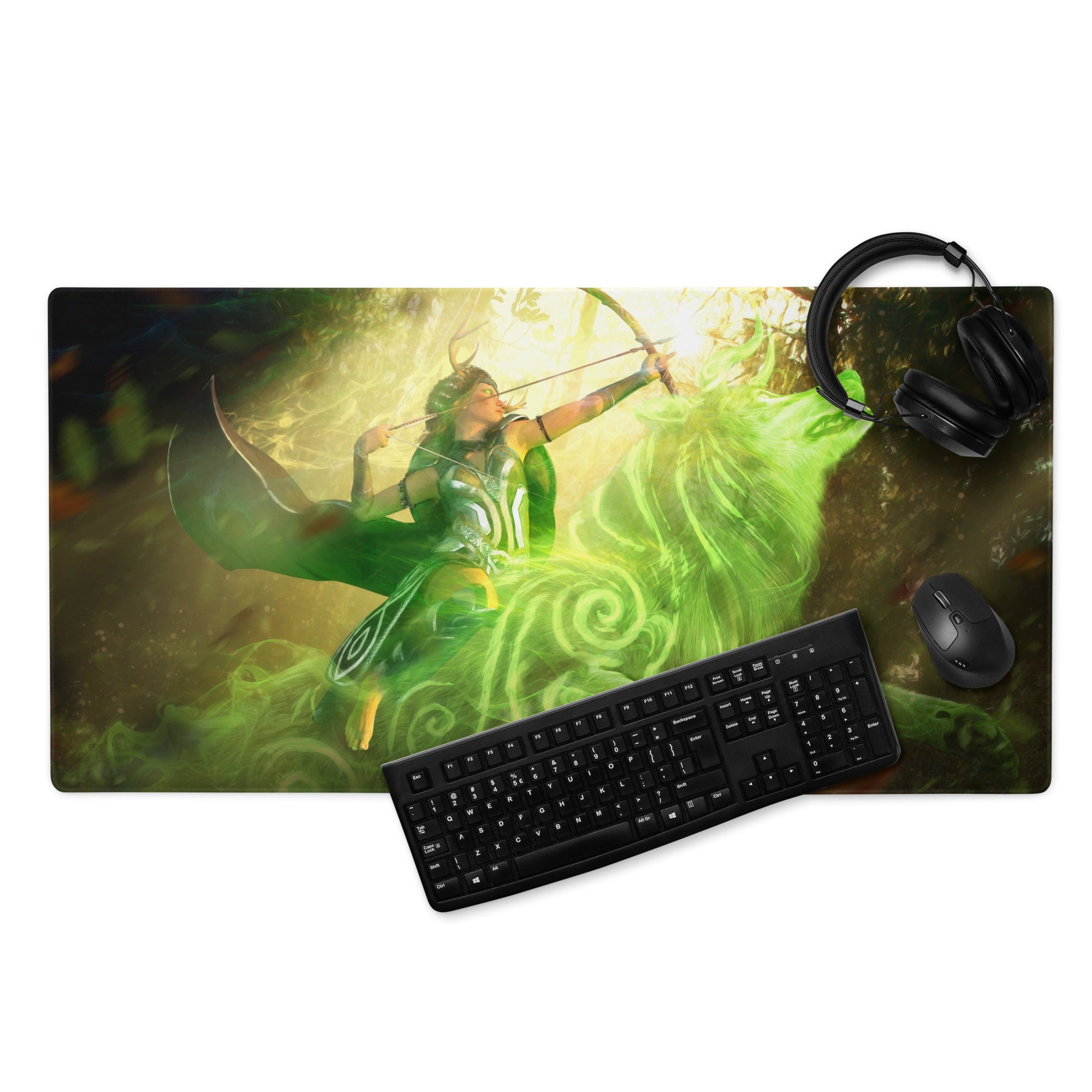 Gaming Mouse Pad Neon Green Arcane Swirl Large Non Slip Desk Mat For PC Setup Fantasy Art Style Desk Accessory
