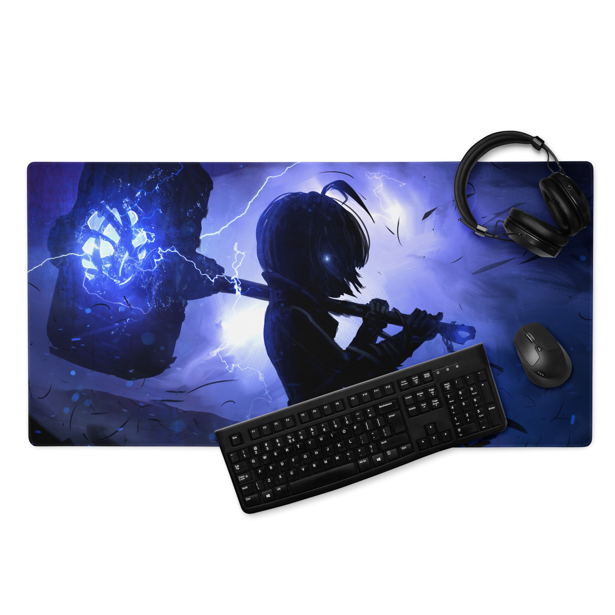 Gaming Mouse Pad Blue Purple Neon Lightning Desk Mat For Gaming Setup Modern Cyberpunk Dynamic Digital Art