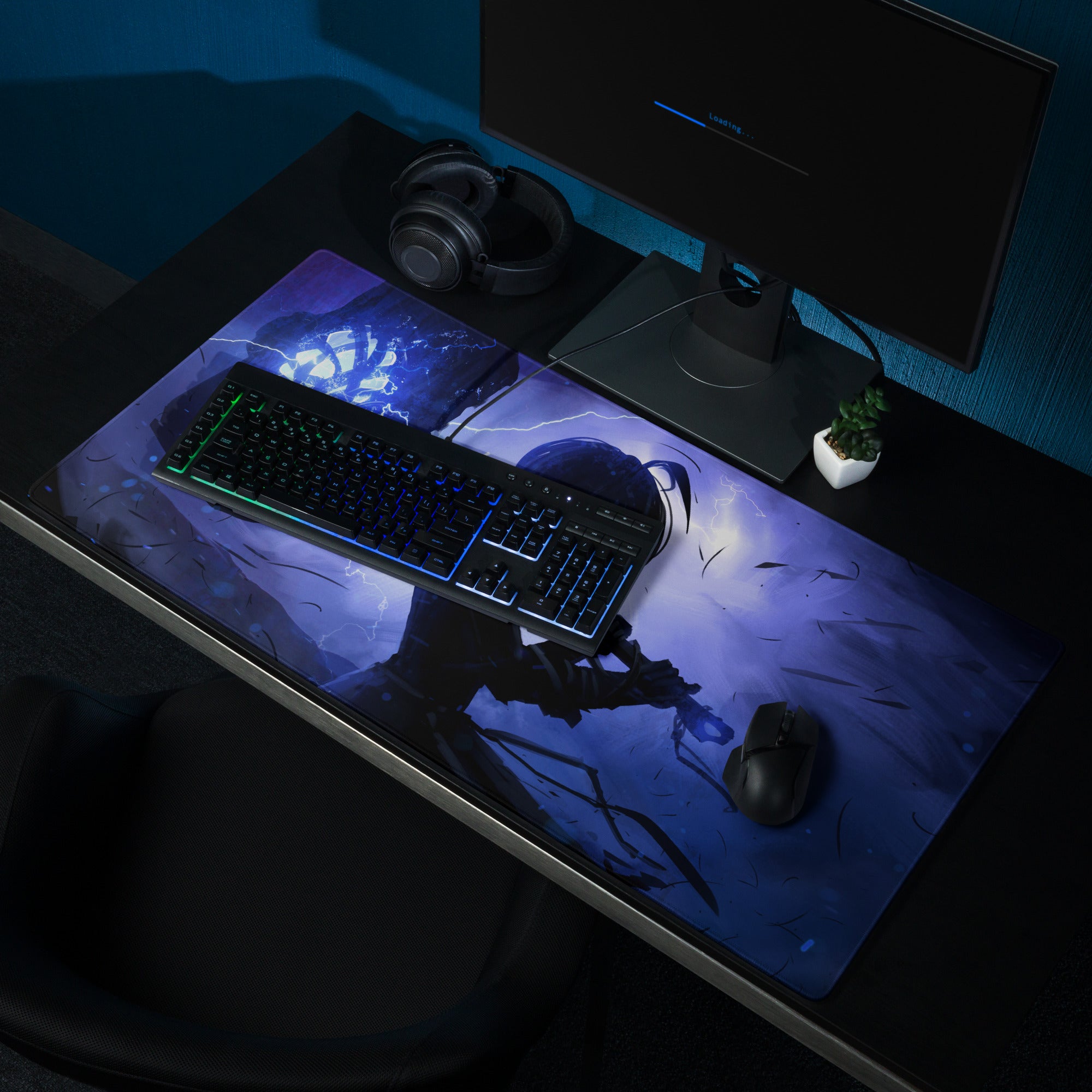 Gaming Mouse Pad Blue Purple Neon Lightning Desk Mat For Gaming Setup Modern Cyberpunk Dynamic Digital Art