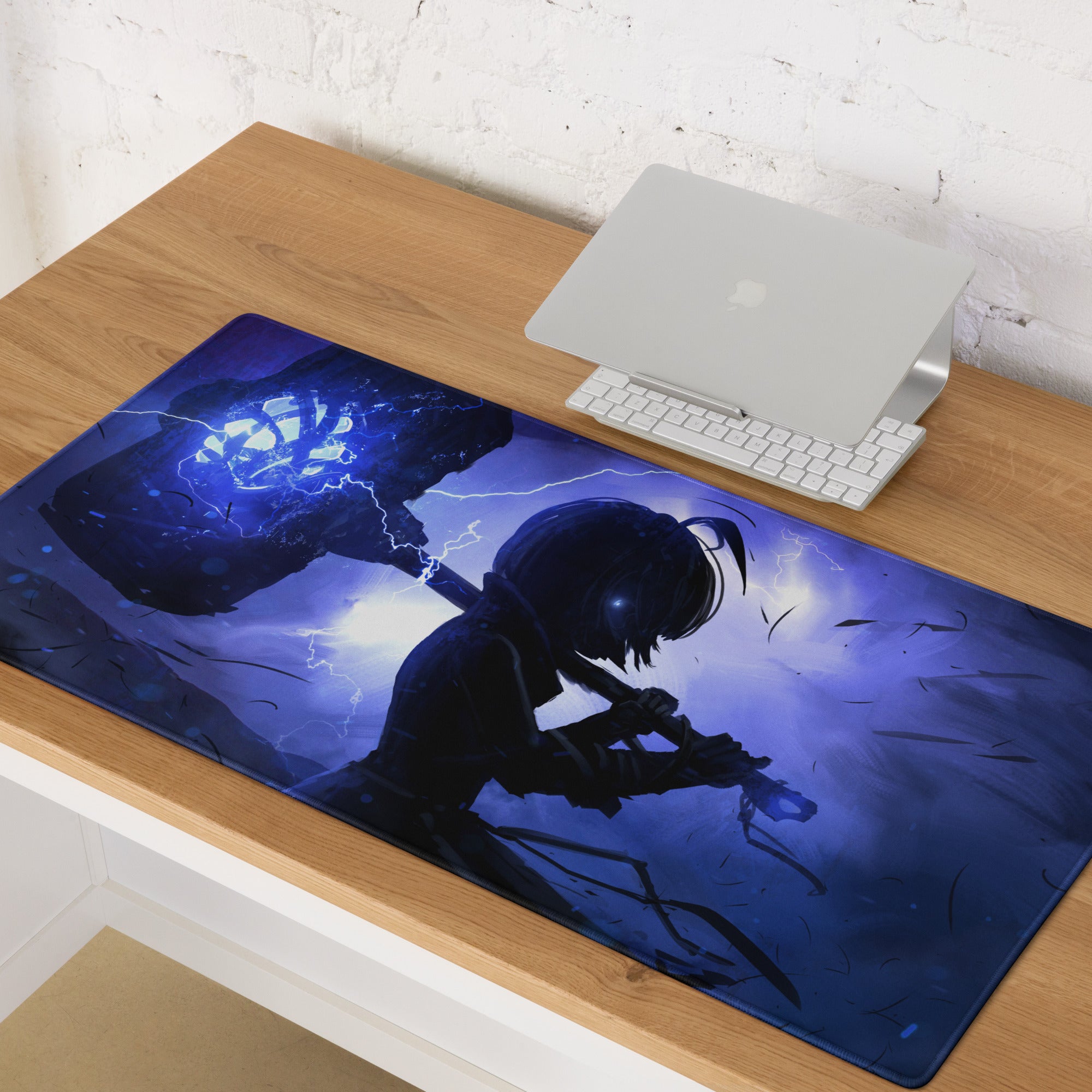 Gaming Mouse Pad Blue Purple Neon Lightning Desk Mat For Gaming Setup Modern Cyberpunk Dynamic Digital Art
