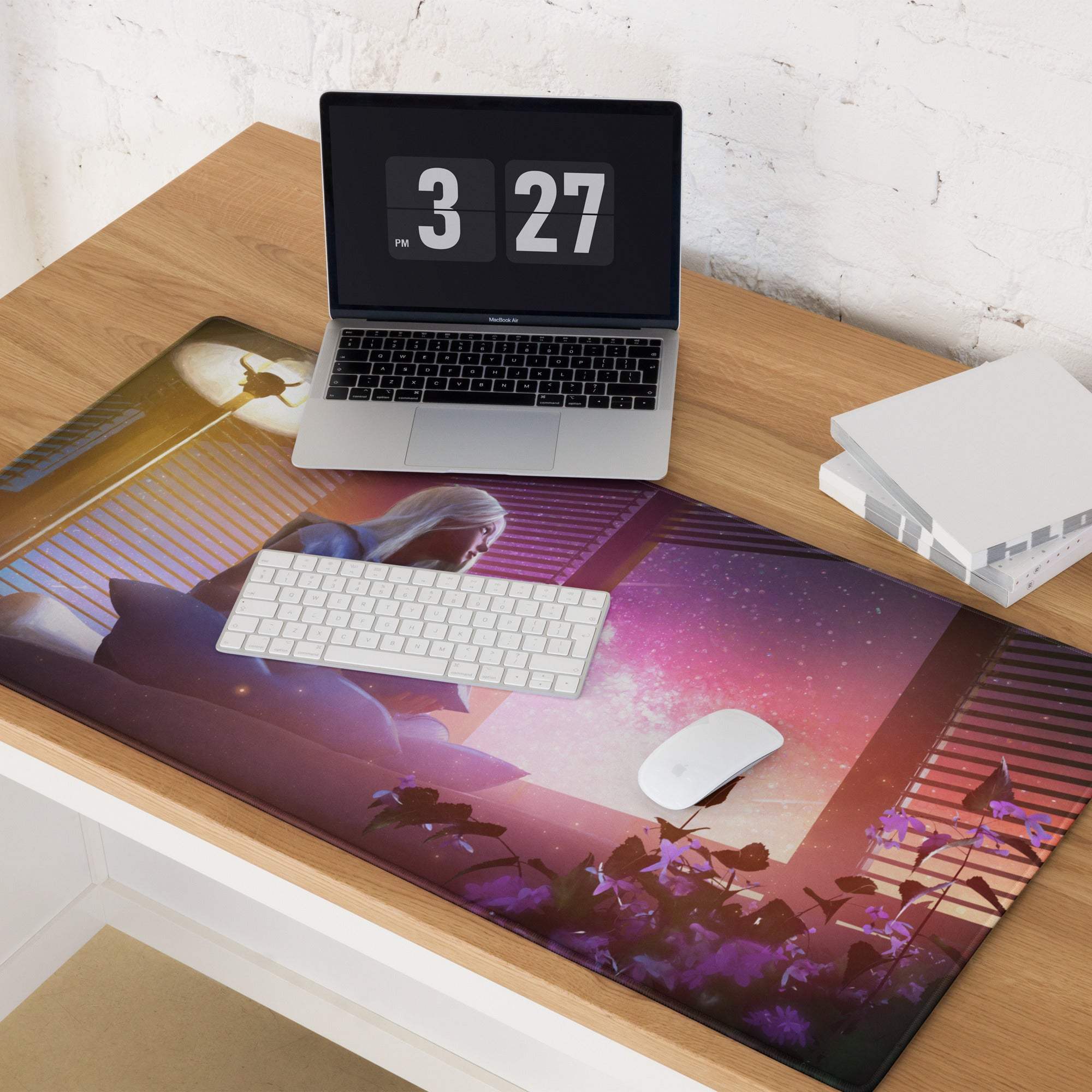 A rectangular purple and pink neon cyberpunk gaming mousepad with an anime character by a window illustration
