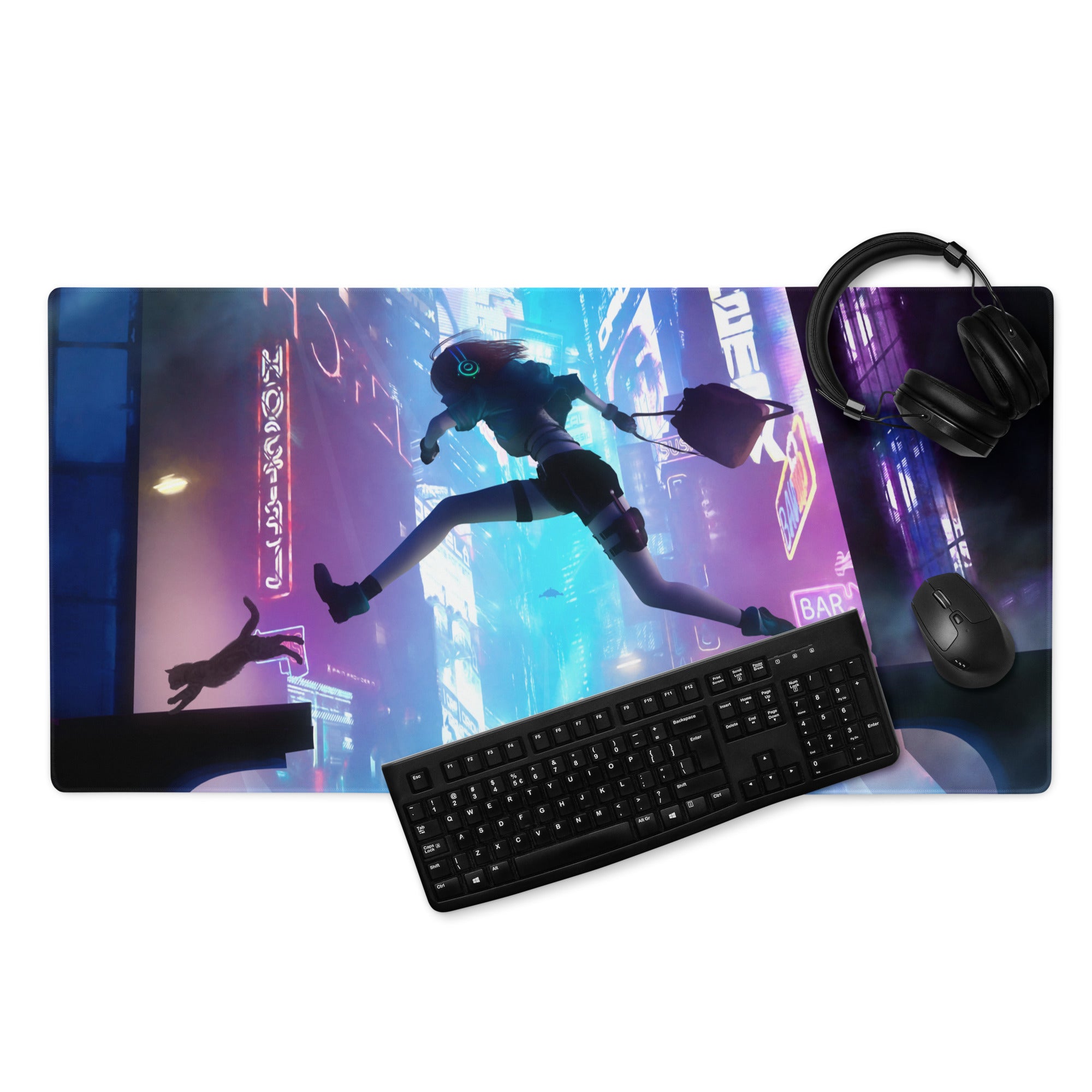 Gaming Mouse Pad Blue Purple Neon Cyberpunk for Gaming Desk Large Anti Slip Edge Stitched Digital Art