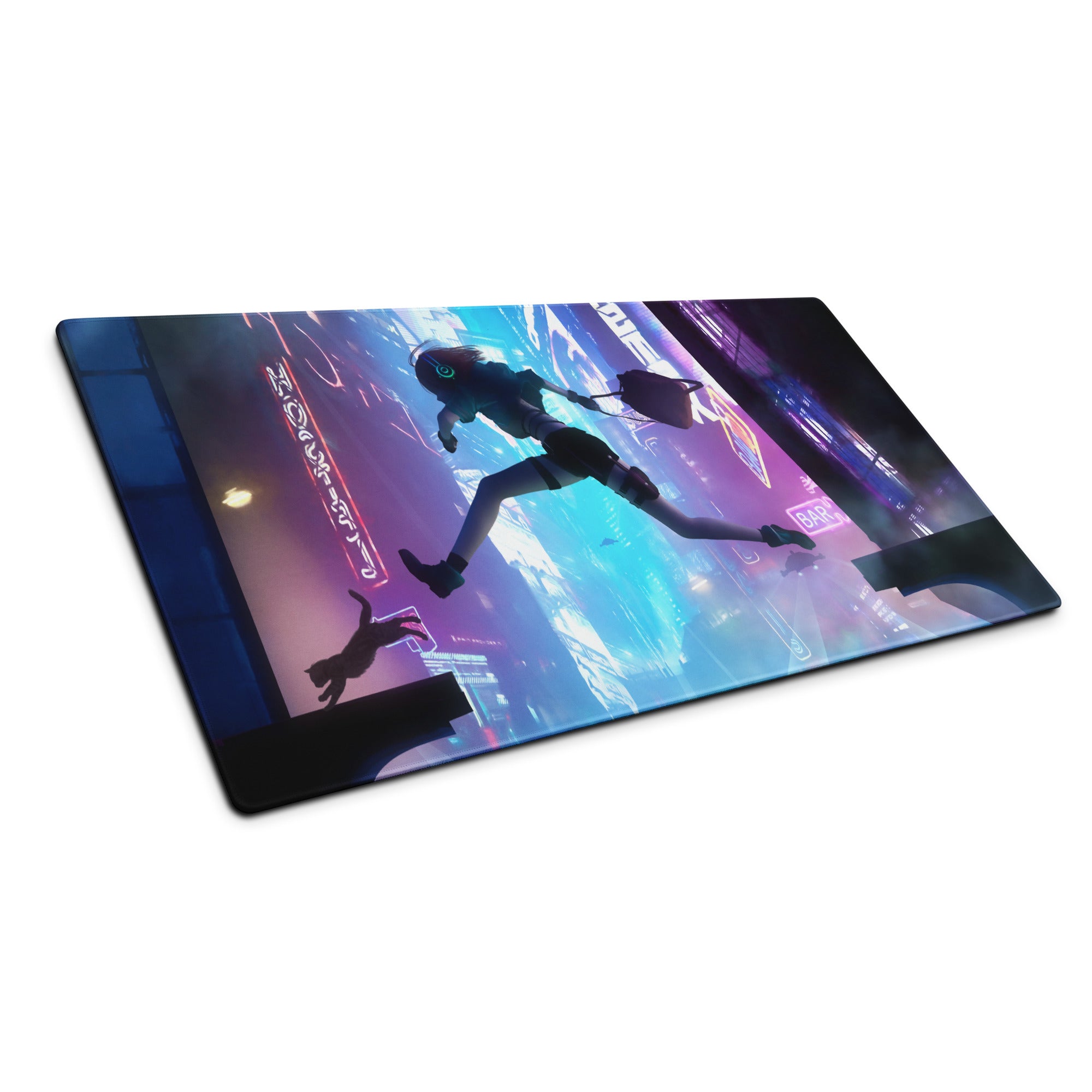 Gaming Mouse Pad Blue Purple Neon Cyberpunk for Gaming Desk Large Anti Slip Edge Stitched Digital Art