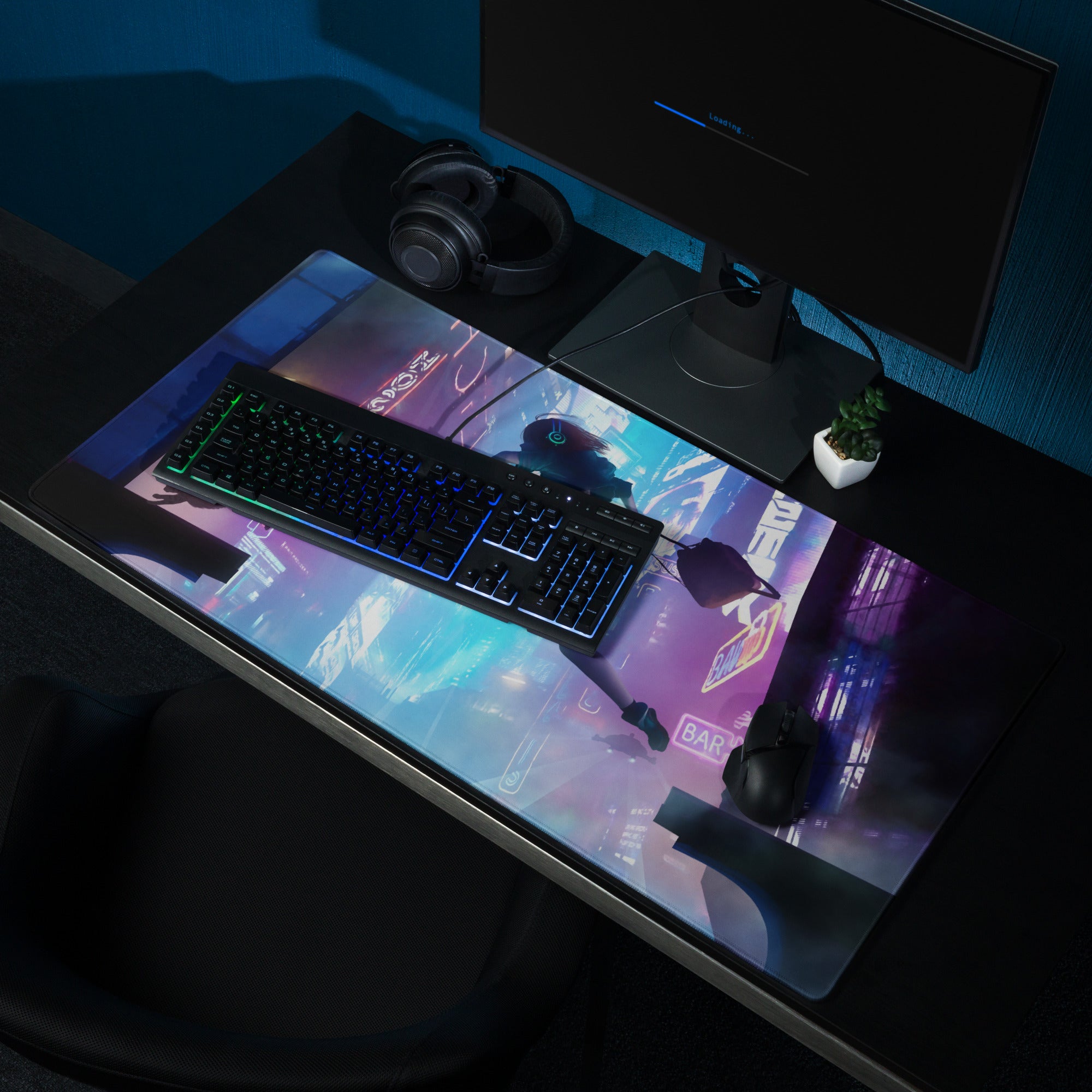 Gaming Mouse Pad Blue Purple Neon Cyberpunk for Gaming Desk Large Anti Slip Edge Stitched Digital Art