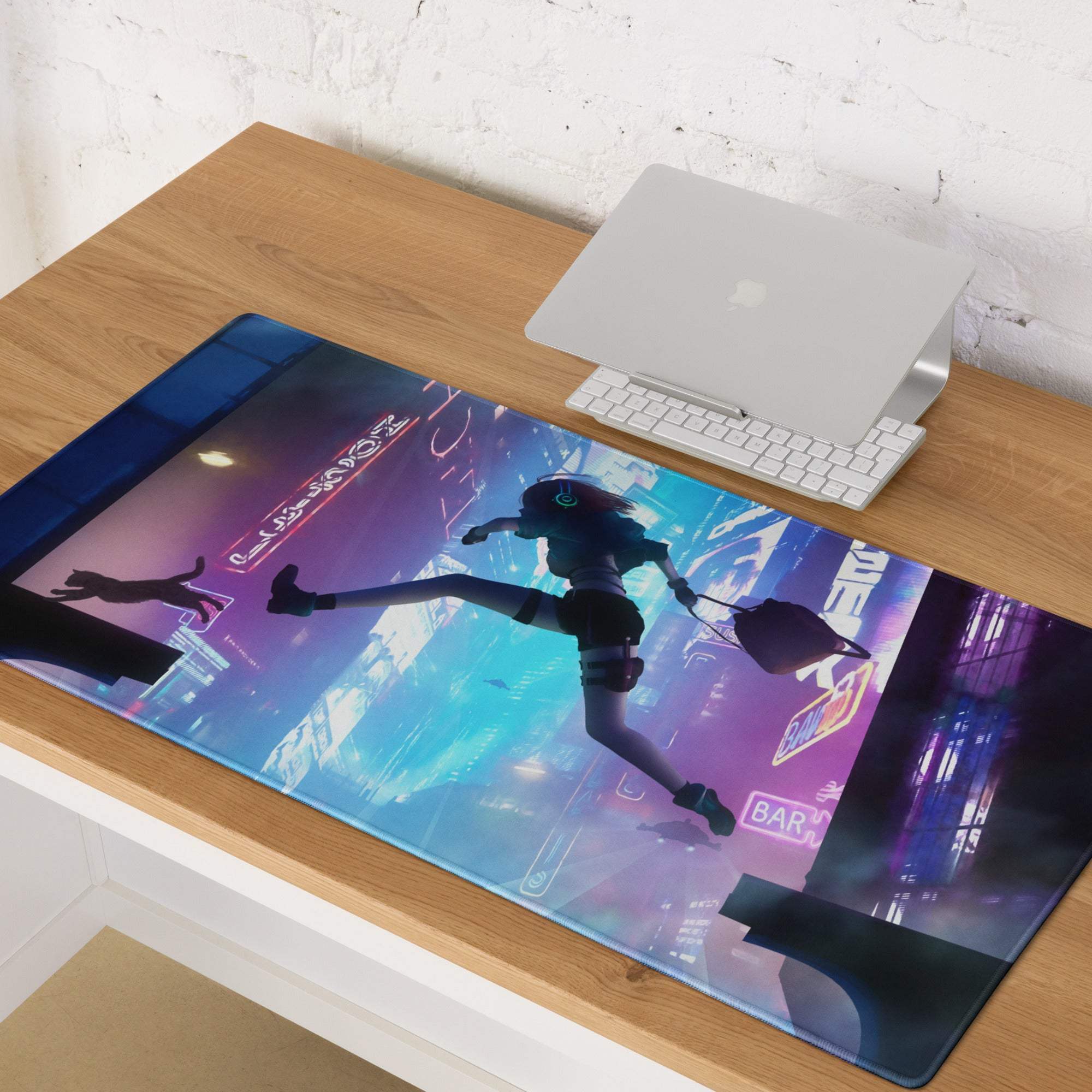 Neon cyberpunk gaming mouse pad with vibrant blue and purple anime character design on a neon-lit cityscape background