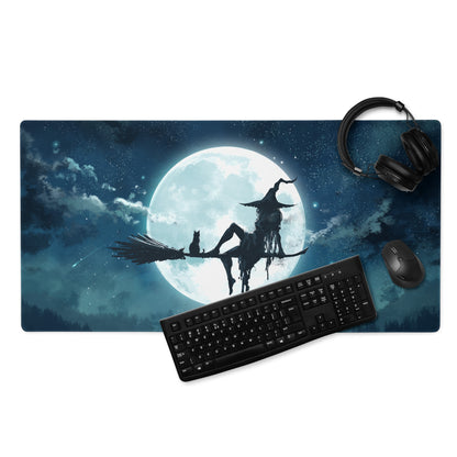 Moonlit Navy Blue Gaming Mouse Pad For Desk Setup With Epic Night Sky Fantasy Silhouette Artwork