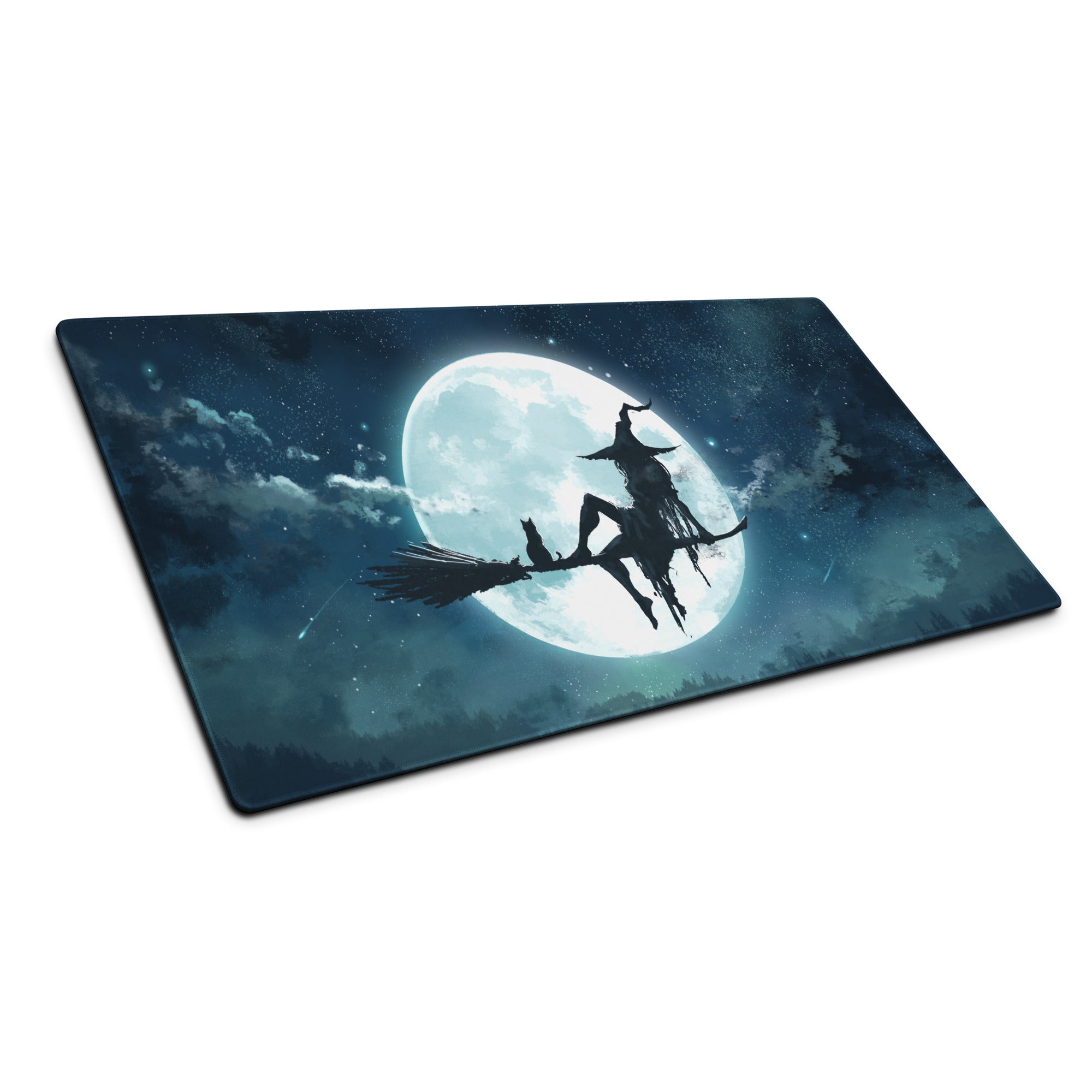 Moonlit Navy Blue Gaming Mouse Pad For Desk Setup With Epic Night Sky Fantasy Silhouette Artwork