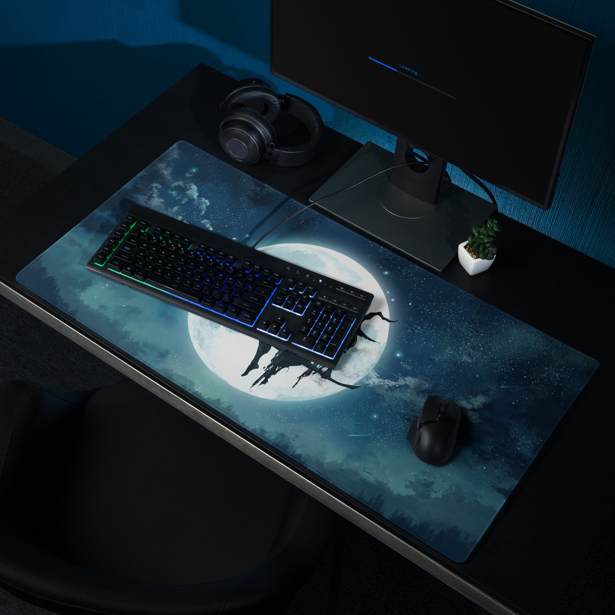 Moonlit Navy Blue Gaming Mouse Pad For Desk Setup With Epic Night Sky Fantasy Silhouette Artwork