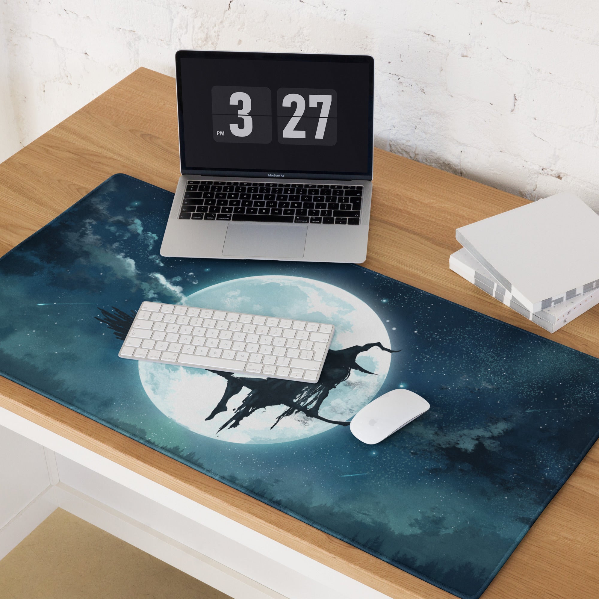 Moonlit Navy Blue Gaming Mouse Pad For Desk Setup With Epic Night Sky Fantasy Silhouette Artwork