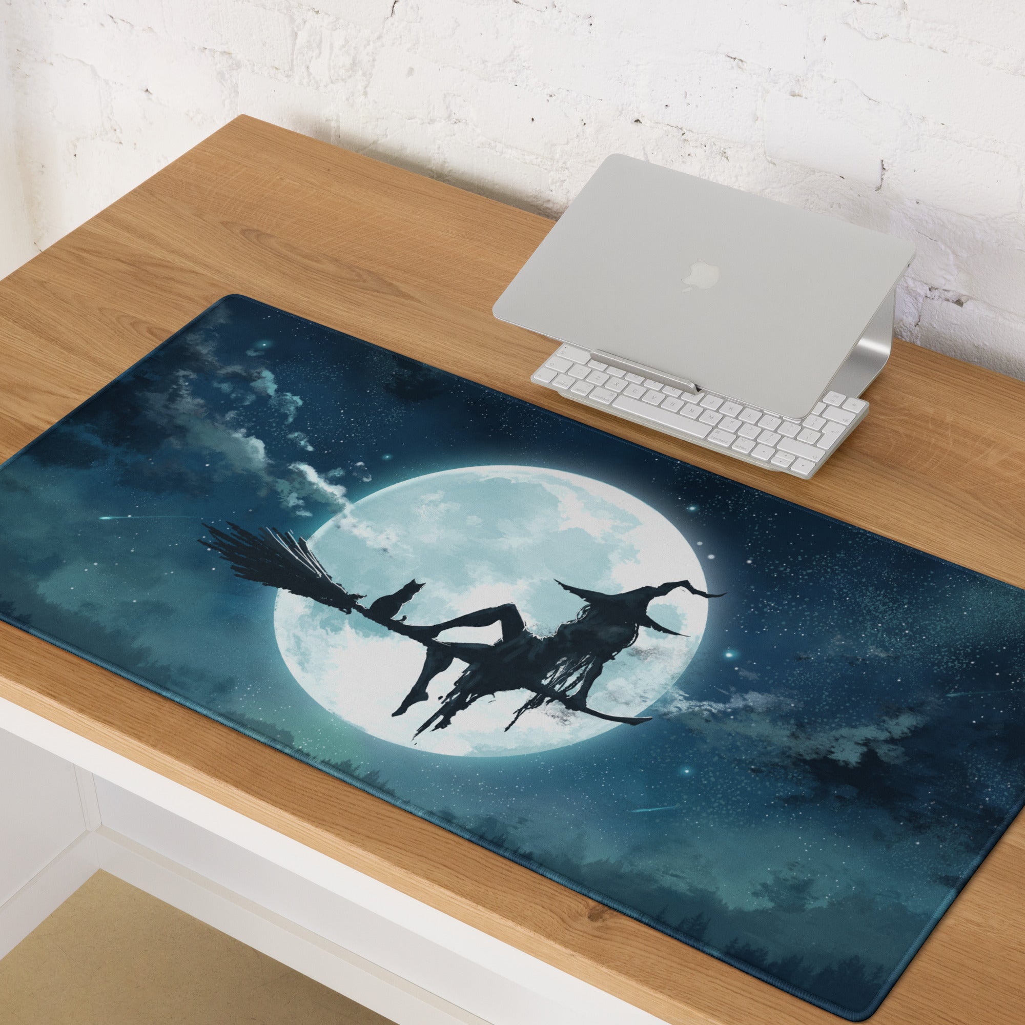 Moonlit Navy Blue Gaming Mouse Pad For Desk Setup With Epic Night Sky Fantasy Silhouette Artwork