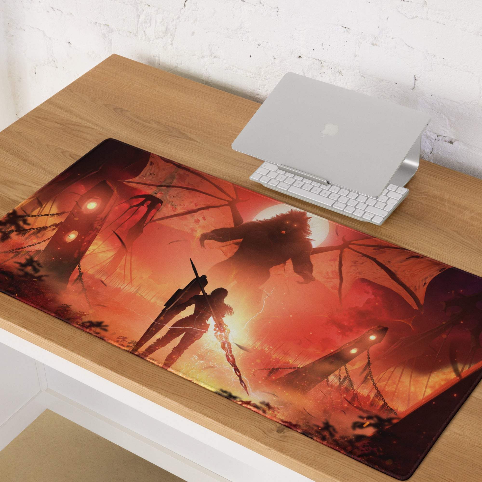 A rectangular gaming mousepad with vivid red and orange fantasy battle scene on wooden desk digital print