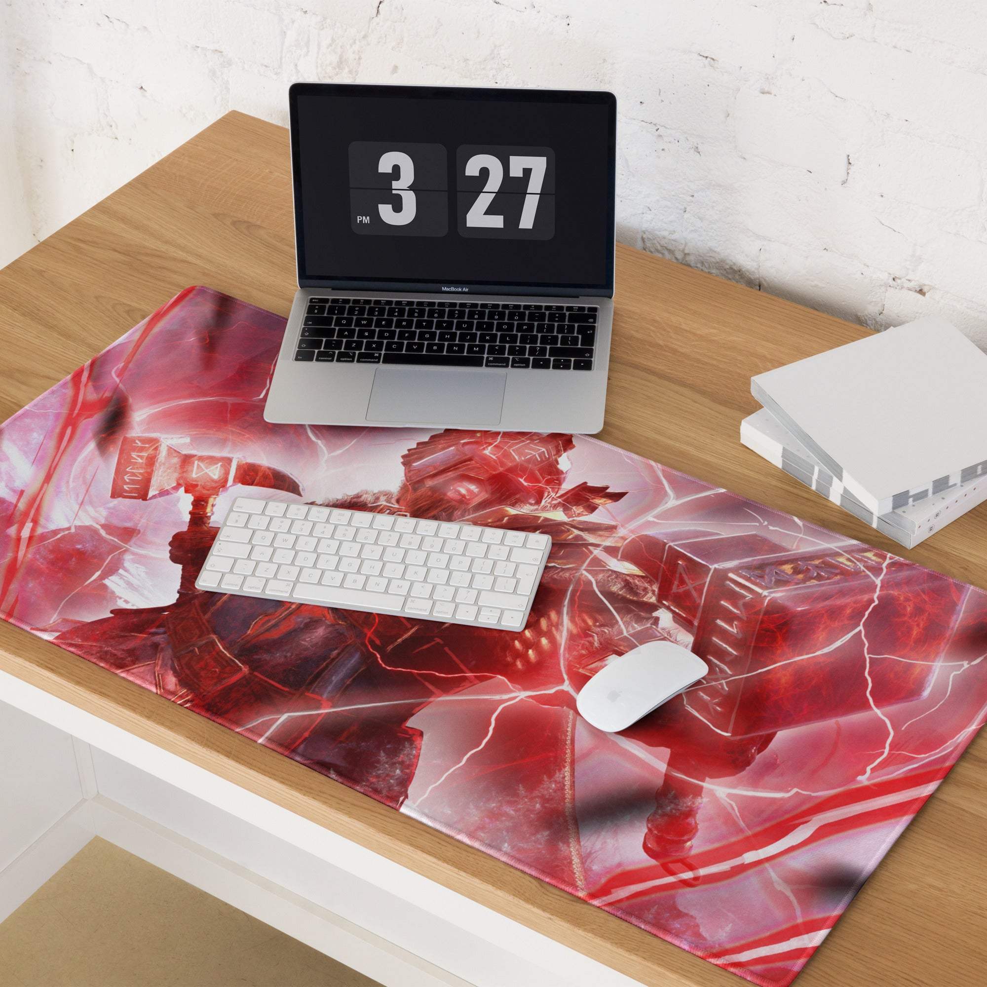 Red and white lightning-themed cyberpunk gaming mouse pad featuring a fantasy character design for energetic play