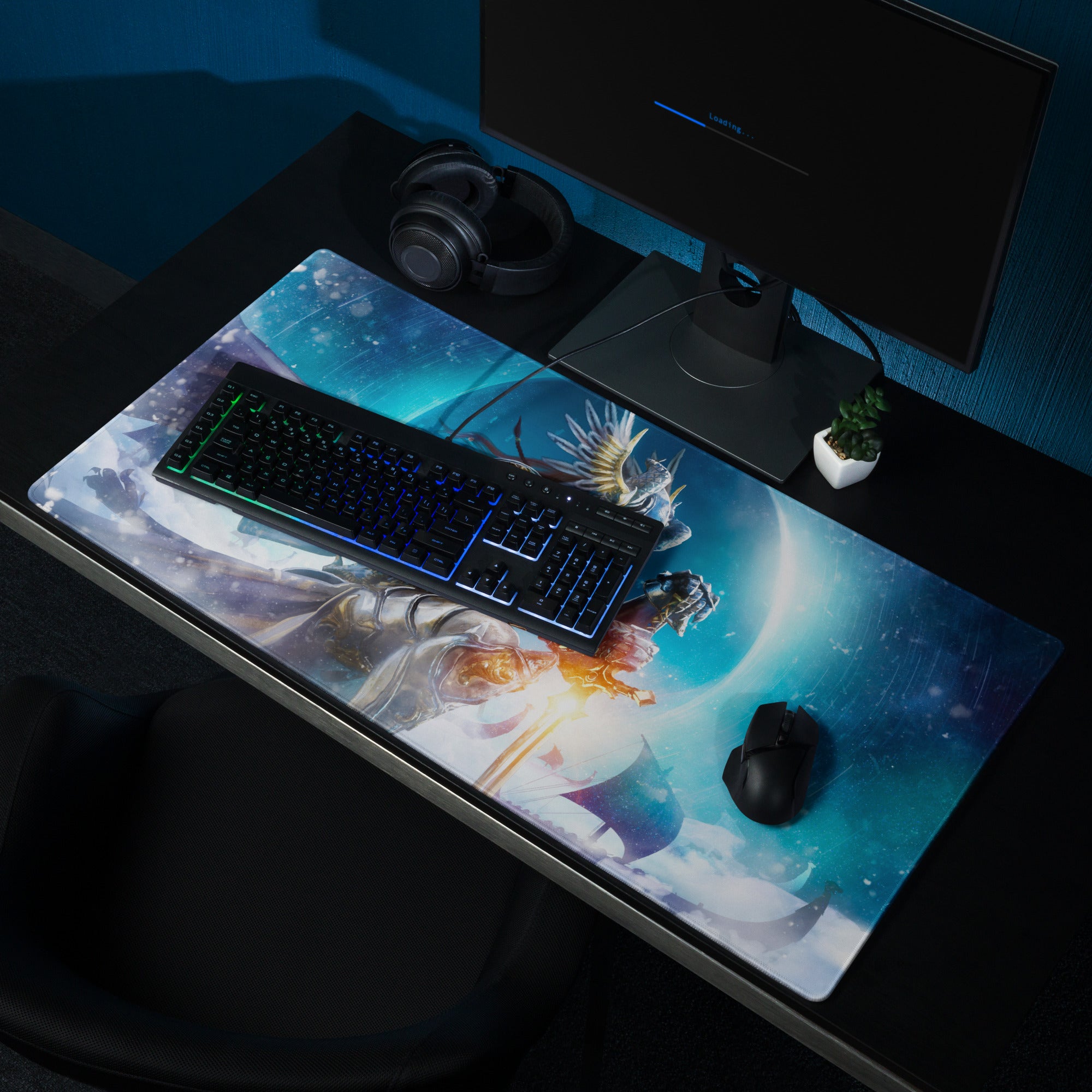 Gaming Mouse Pad Blue Dragon Knight Desk Mat For PC Setup Modern Epic Gaming Style