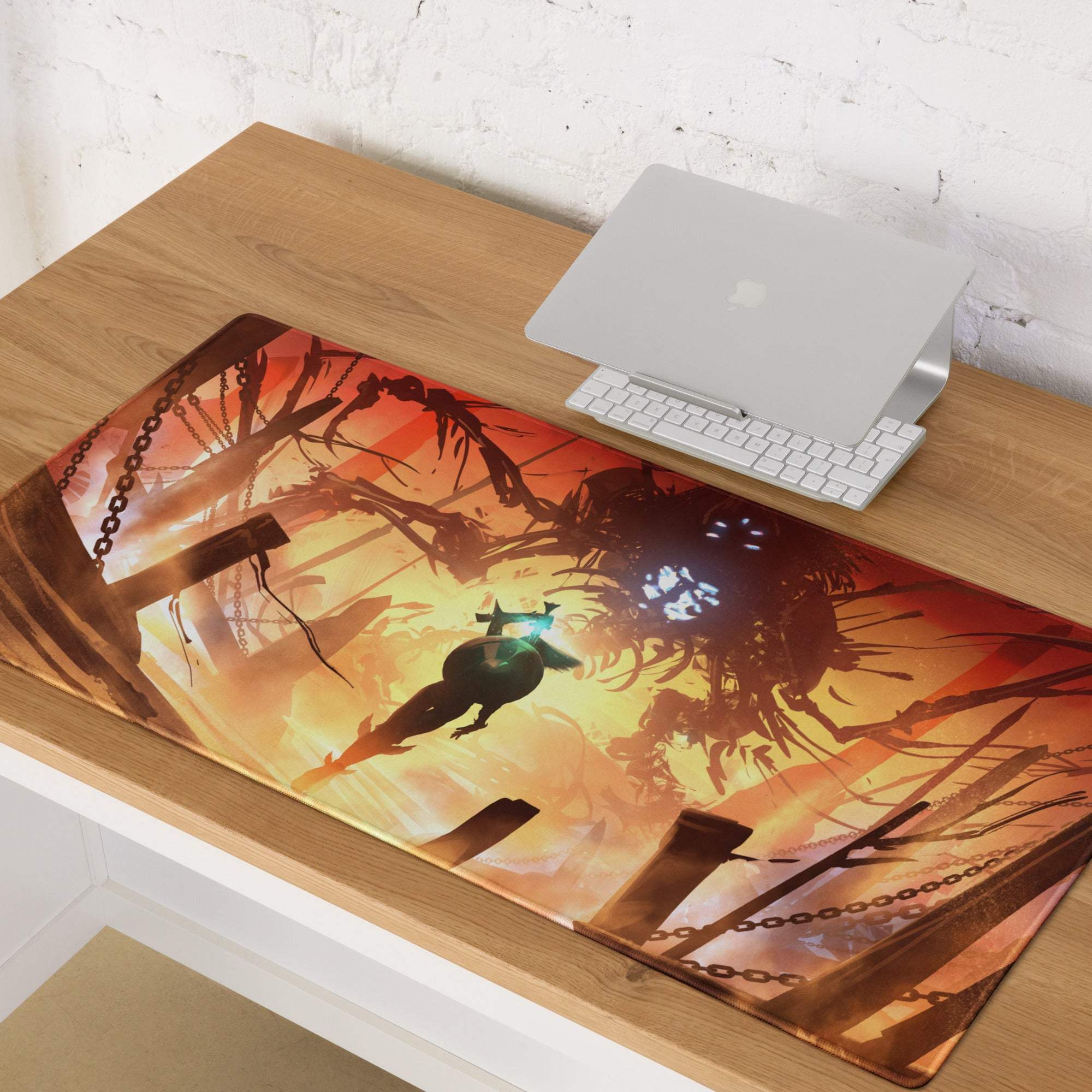 Rectangular gaming mousepad with fiery orange red dark fantasy scene featuring silhouetted trees chains and glowing eyes
