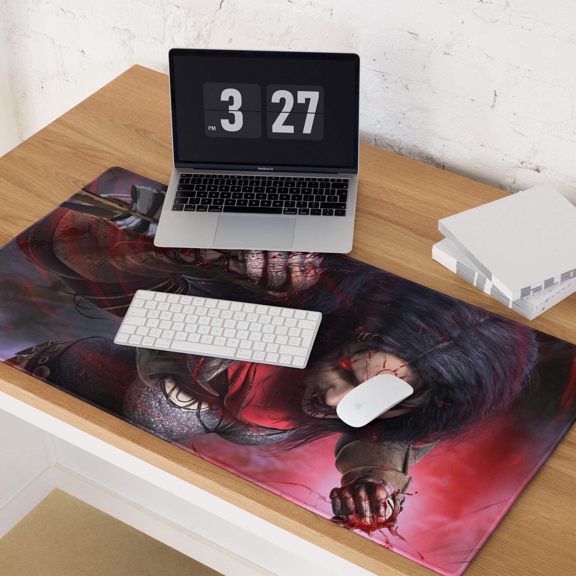 A large rectangular non slip gaming mousepad with dark hair character and red accents in red black design