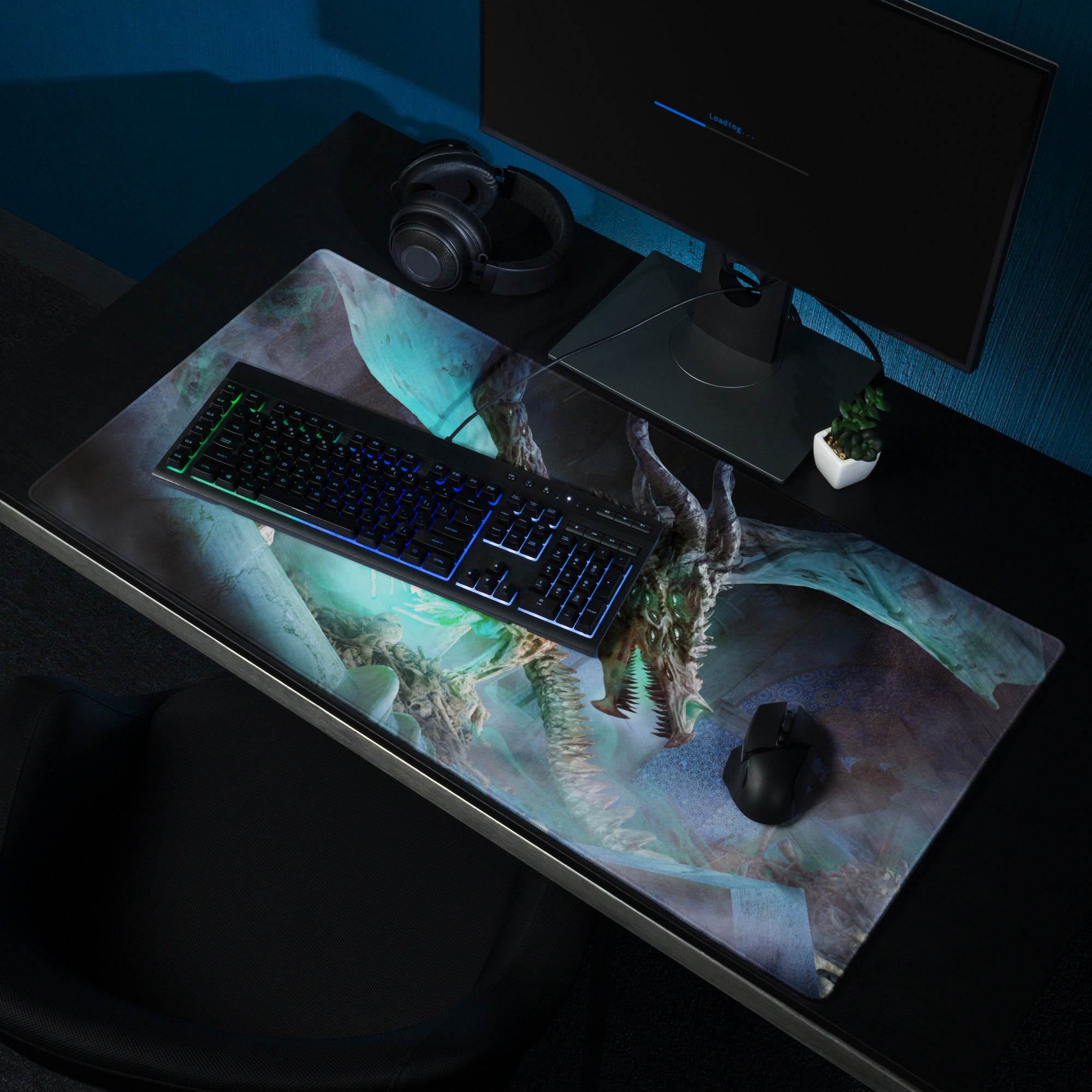 Dragon Themed Gaming Mouse Pad Large Blue Teal Green For Gaming Desk Non Slip Edge Stitching Fantasy Artwork