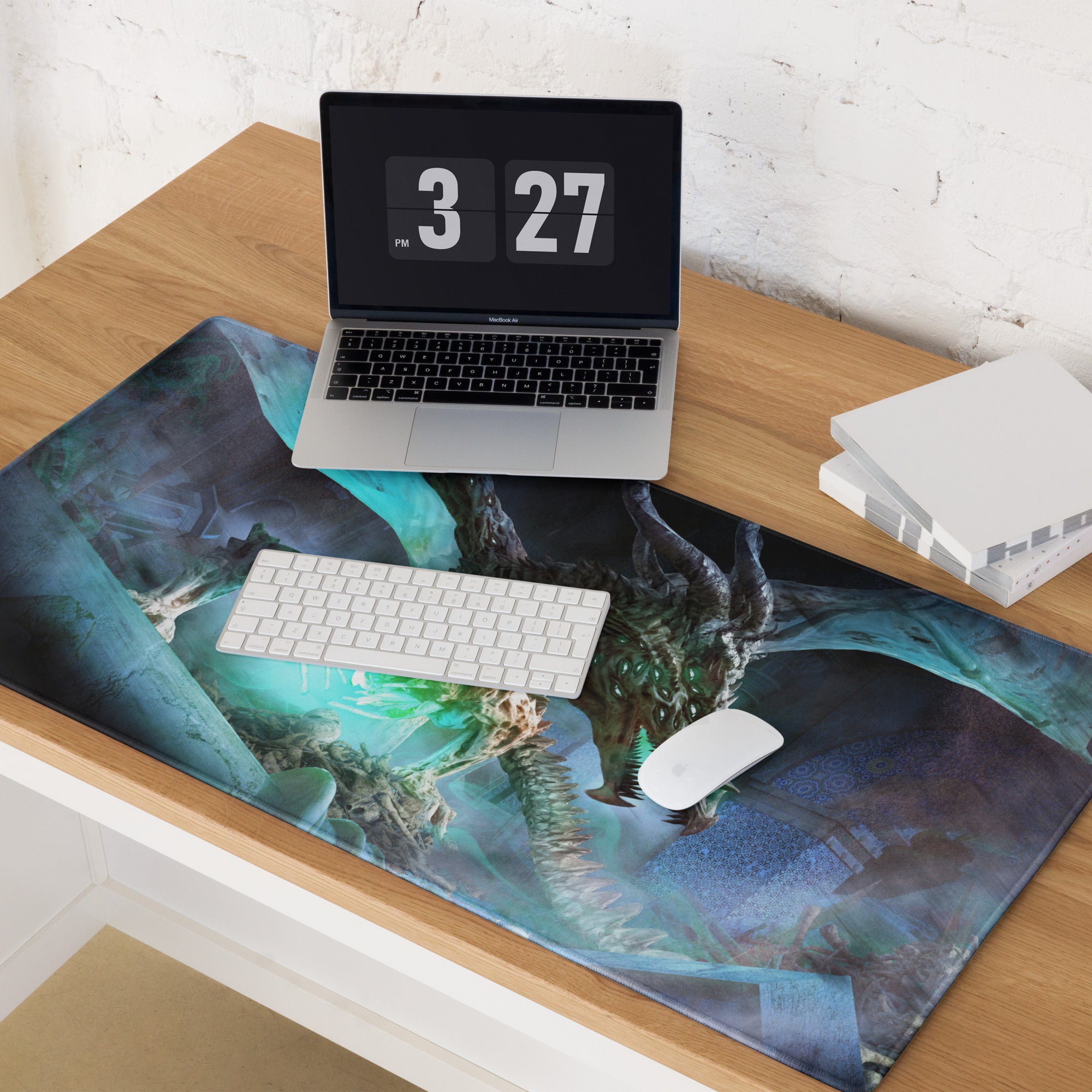 Dragon Themed Gaming Mouse Pad Large Blue Teal Green For Gaming Desk Non Slip Edge Stitching Fantasy Artwork