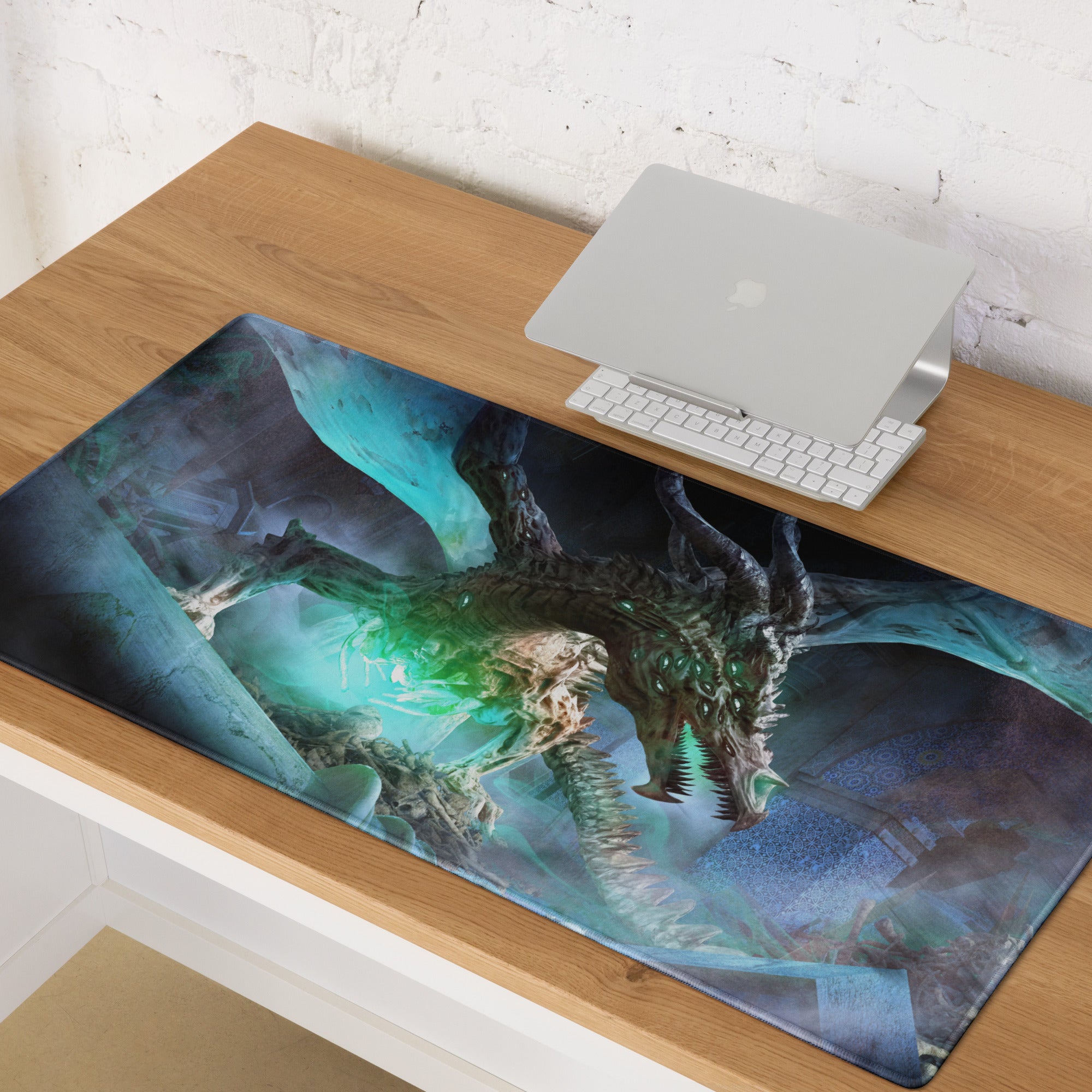 Dragon Themed Gaming Mouse Pad Large Blue Teal Green For Gaming Desk Non Slip Edge Stitching Fantasy Artwork