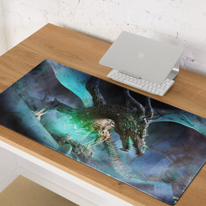 Dragon Themed Gaming Mouse Pad Large Blue Teal Green For Gaming Desk Non Slip Edge Stitching Fantasy Artwork