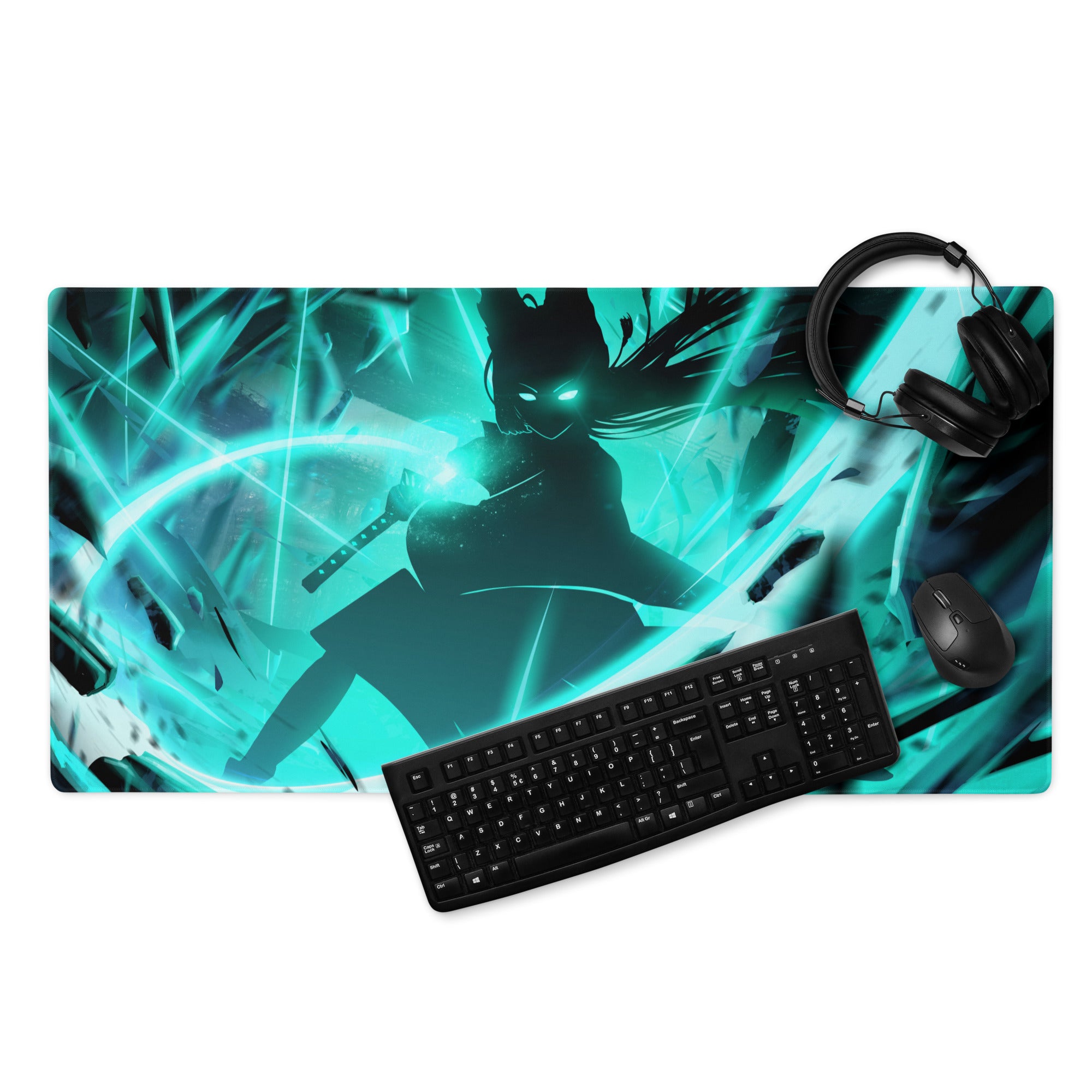 Large Gaming Mouse Pad Teal Blue Neon Cyberpunk Desk Mat For Gaming Setup Non-Slip Edge Stitching