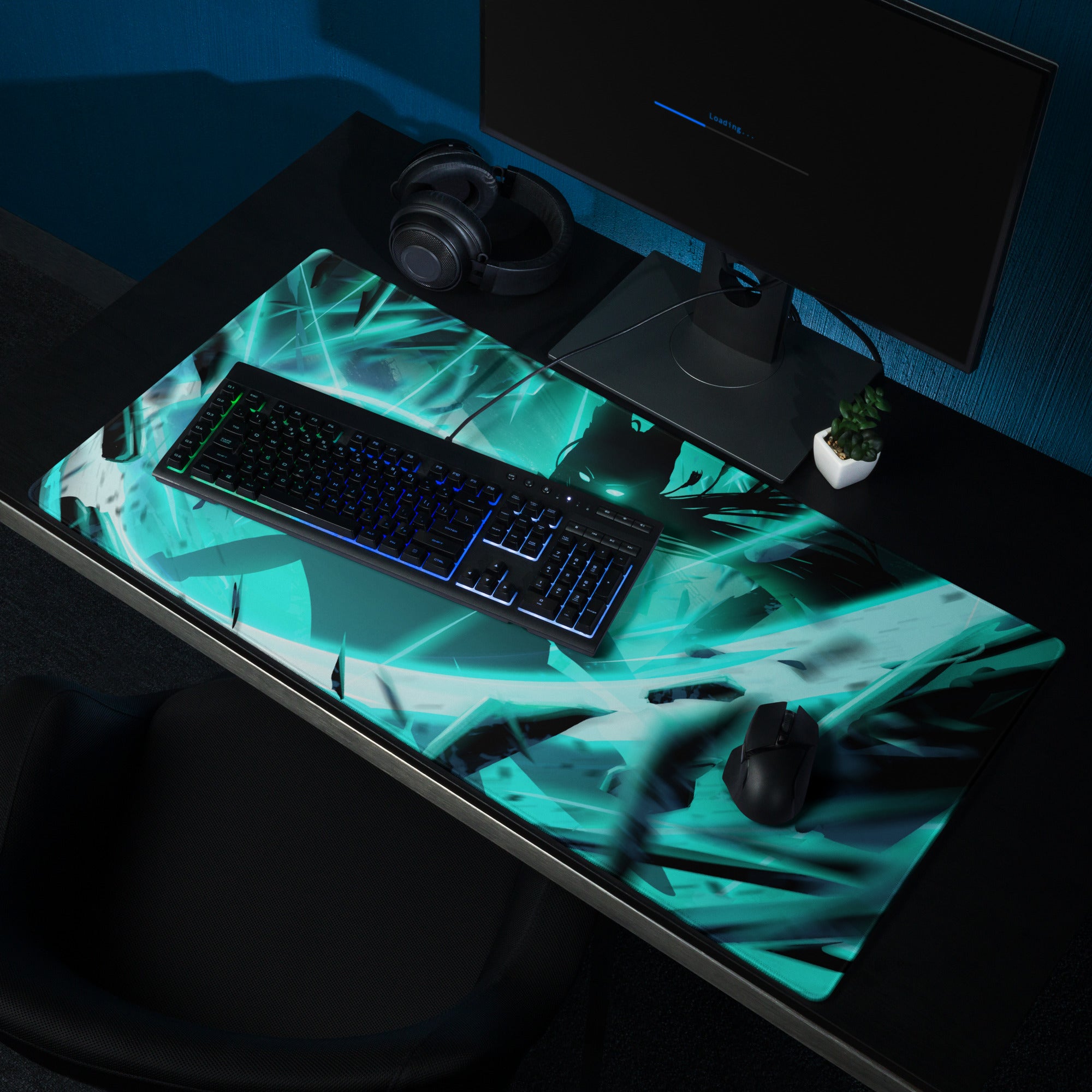 Large Gaming Mouse Pad Teal Blue Neon Cyberpunk Desk Mat For Gaming Setup Non-Slip Edge Stitching