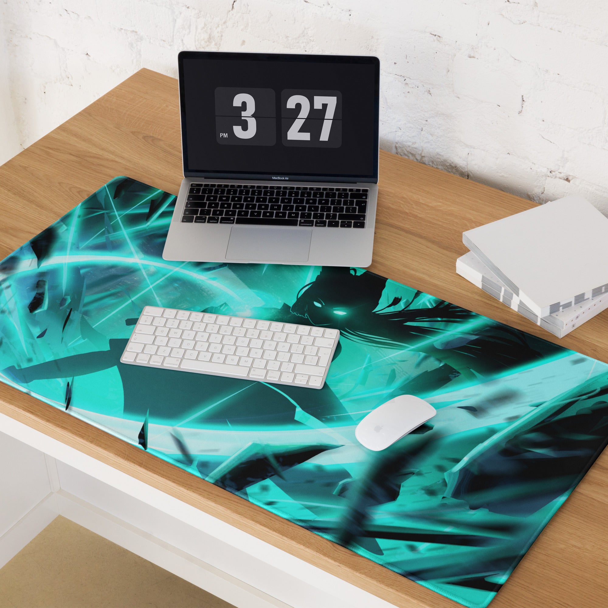 Large Gaming Mouse Pad Teal Blue Neon Cyberpunk Desk Mat For Gaming Setup Non-Slip Edge Stitching