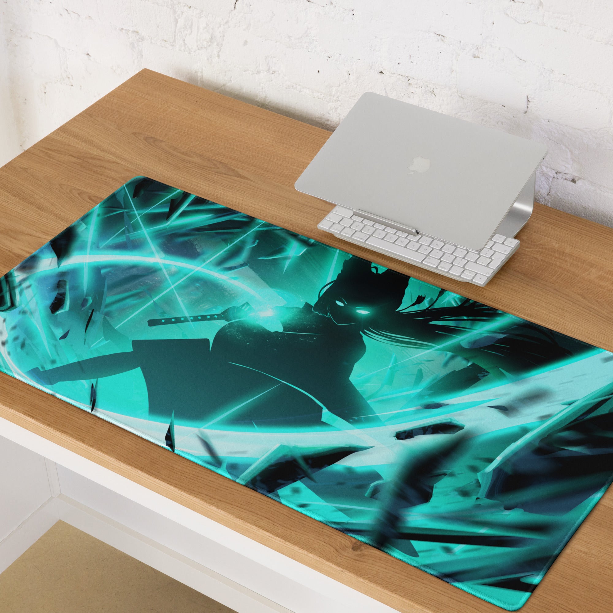 Large Gaming Mouse Pad Teal Blue Neon Cyberpunk Desk Mat For Gaming Setup Non-Slip Edge Stitching
