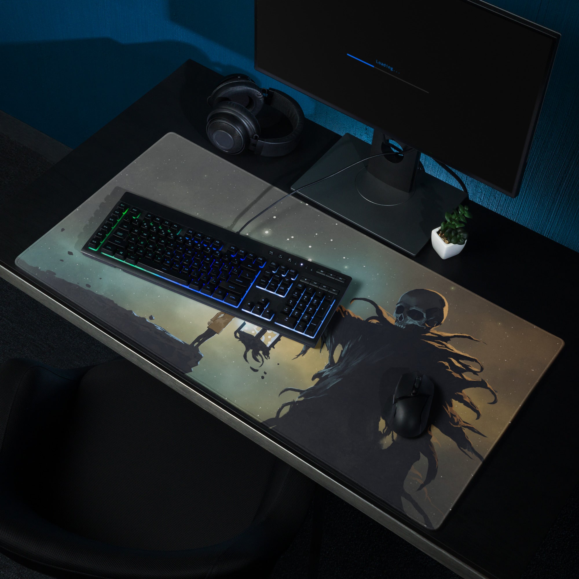 Gaming Mouse Pad Large Deep Blue Teal Night Sky Monster Artwork For Gaming Desk Non Slip, Edge Stitching, Dota CSGO Ready