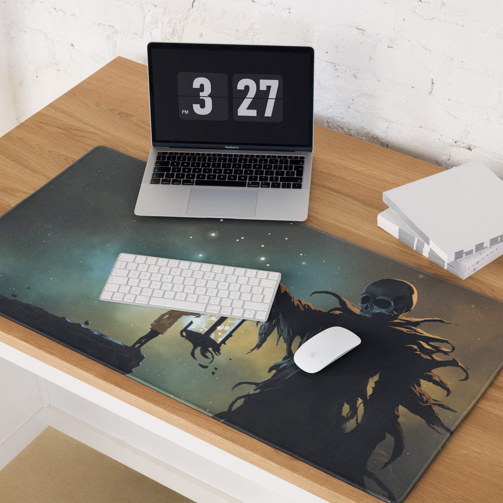 Nebula night monster mouse pad with dark cosmic design featuring a skeletal figure on a teal and black background for gaming