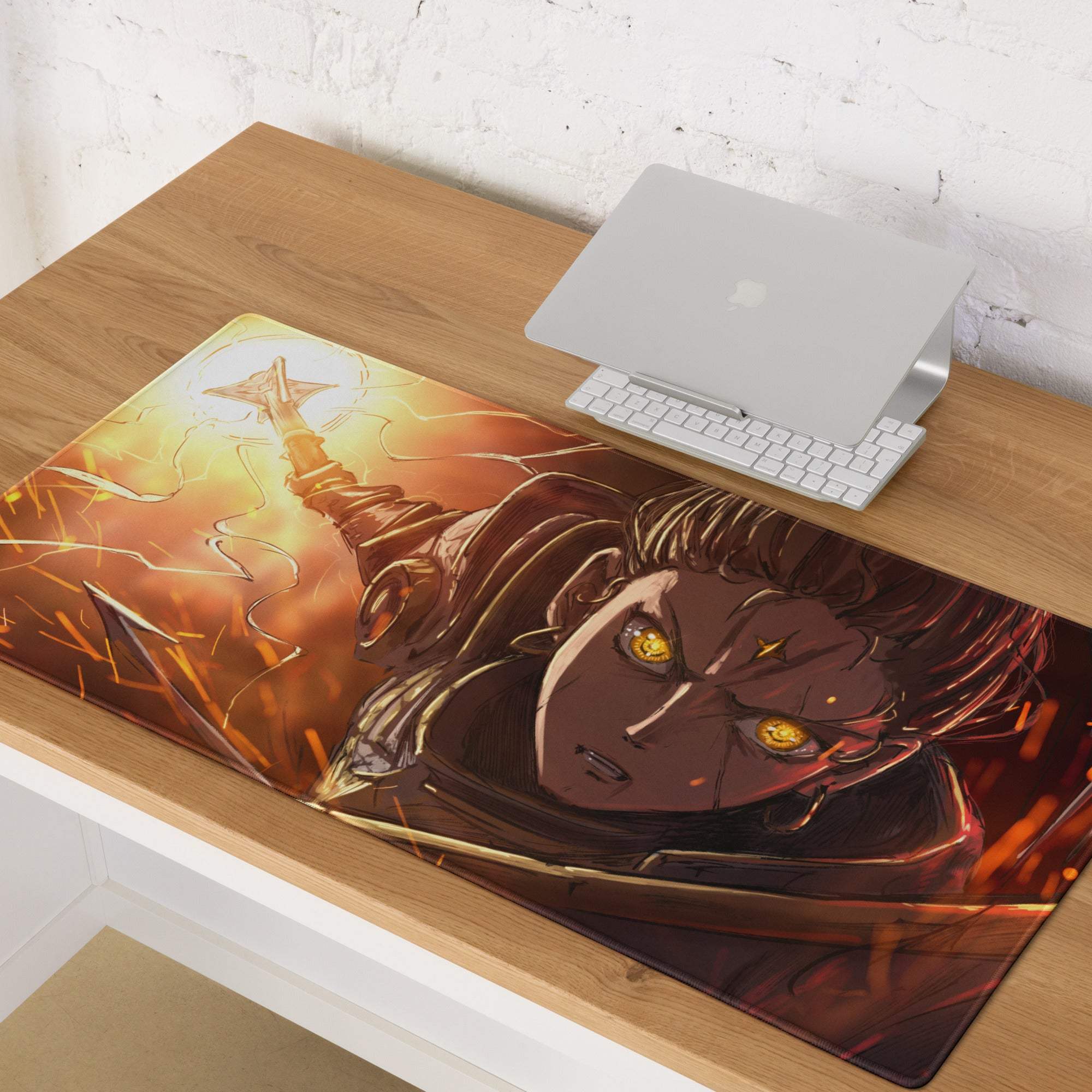 A vibrant anime hero fire power gaming mouse pad with glowing golden eyes and fiery orange-yellow background design