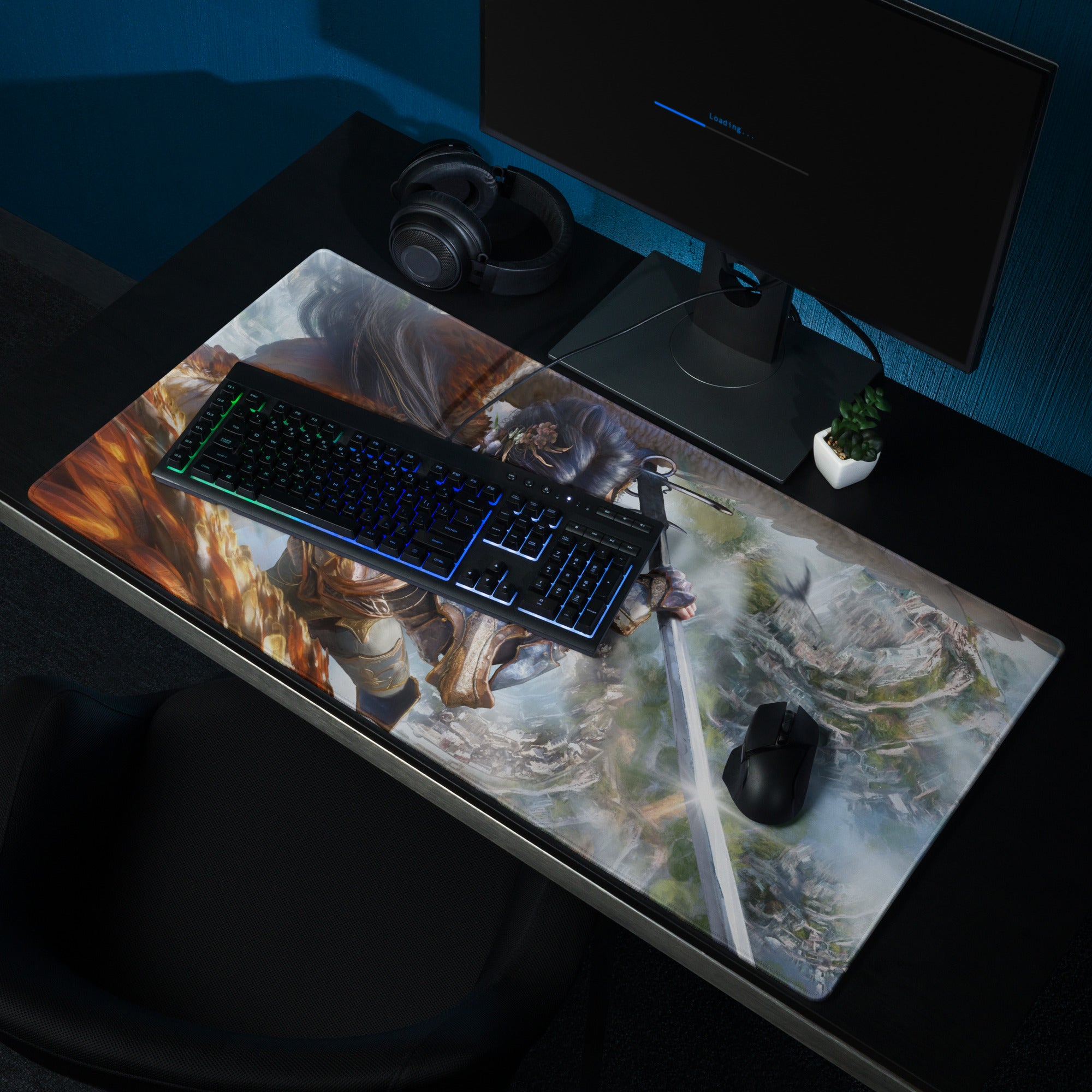 Fantasy Warrior Blue And Gold Gaming Desk Mouse Pad Non Slip Large Epic Fantasy Art Style